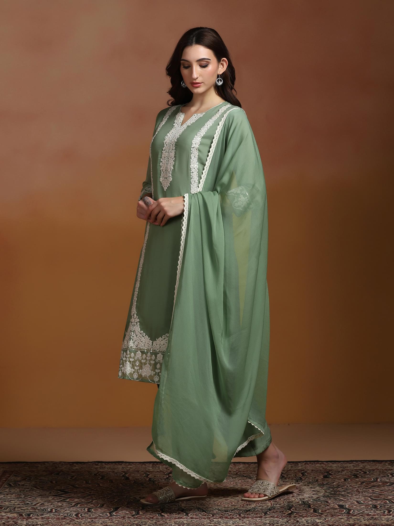 Women Viscose Organza Green Embroidered Kurta Comfort Pant Dupatta.