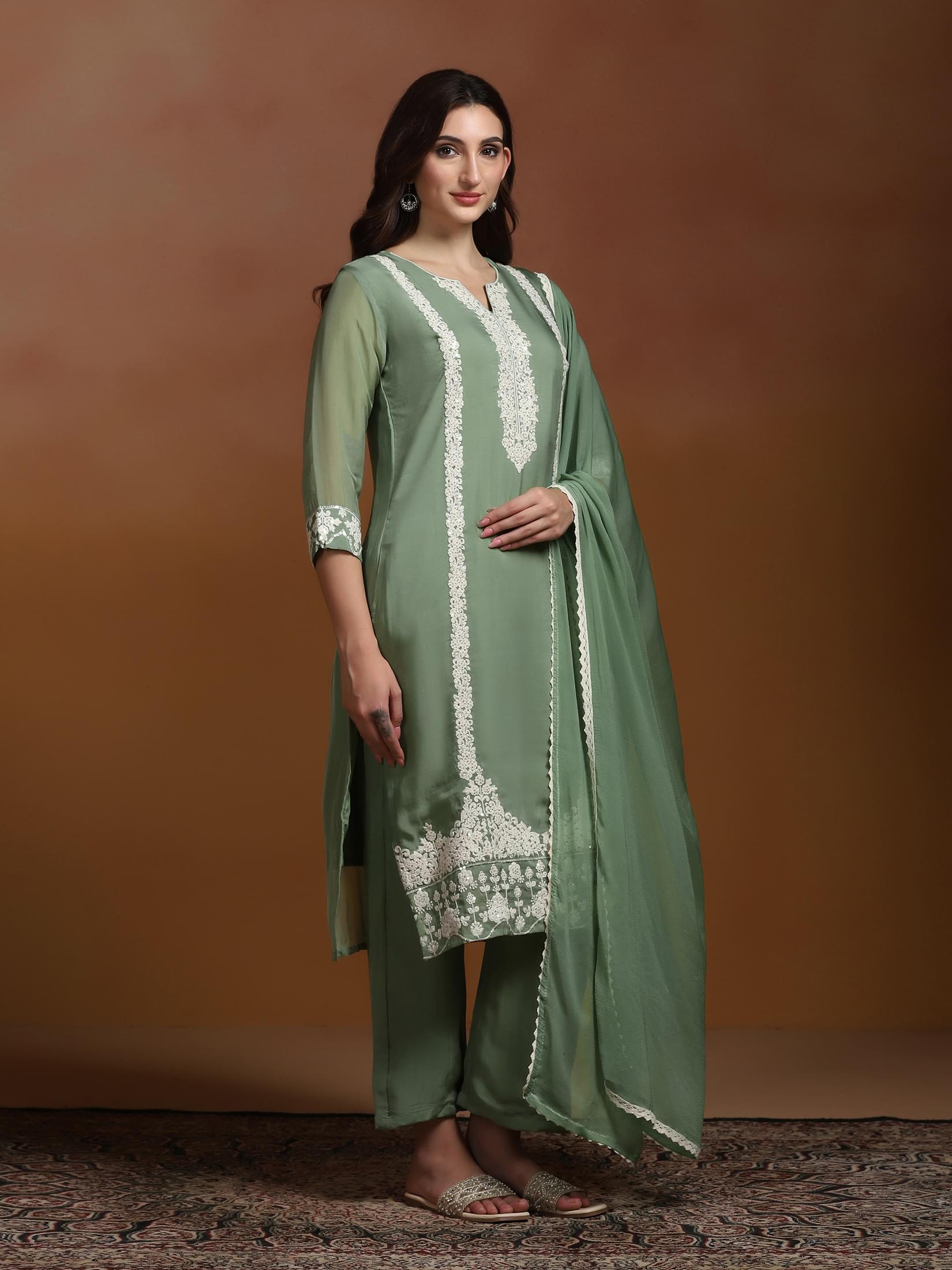 Women Viscose Organza Green Embroidered Kurta Comfort Pant Dupatta.