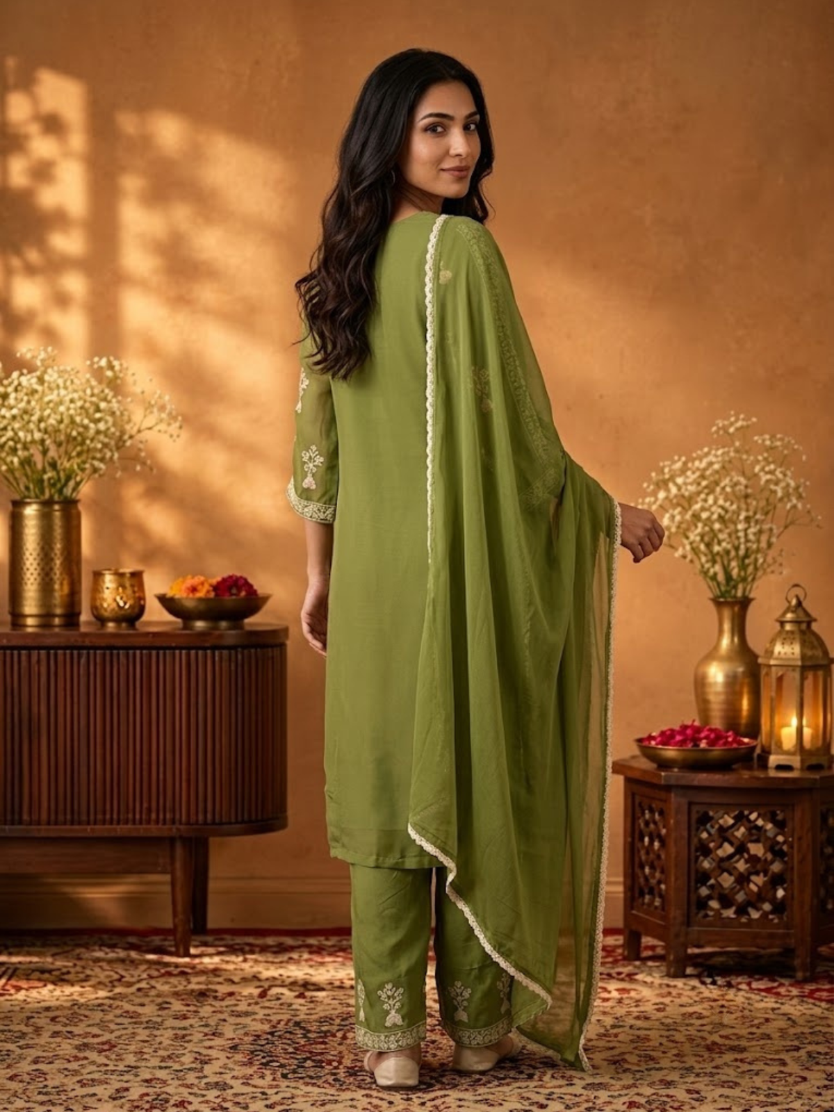 Women Olive Green Embroidered Kurta Comfort Pant Dupatta