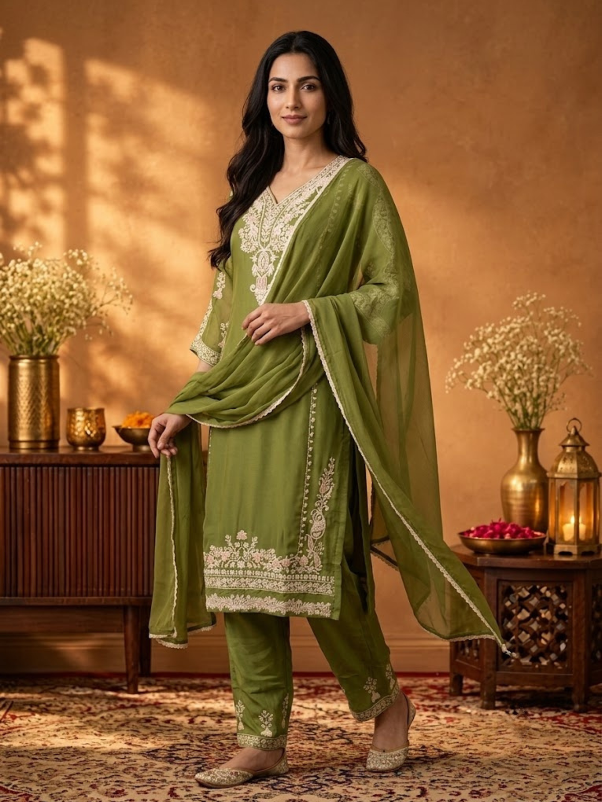 Women Olive Green Embroidered Kurta Comfort Pant Dupatta