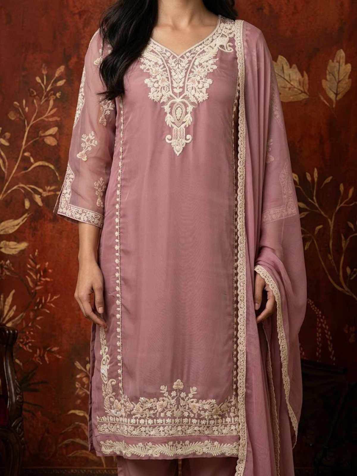 Women Pink Embroidered Kurta Comfort Pant Dupatta
