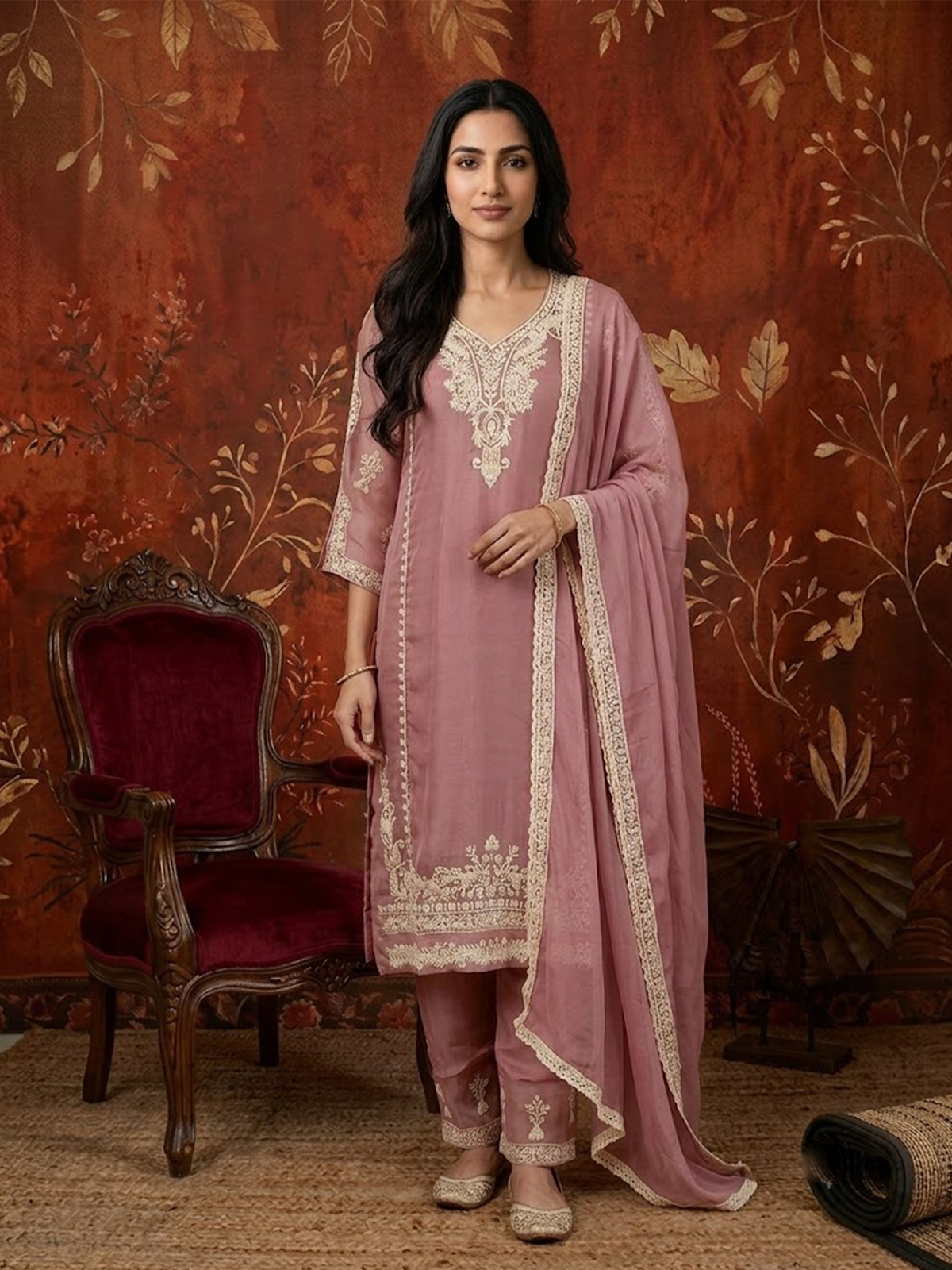 Women Pink Embroidered Kurta Comfort Pant Dupatta