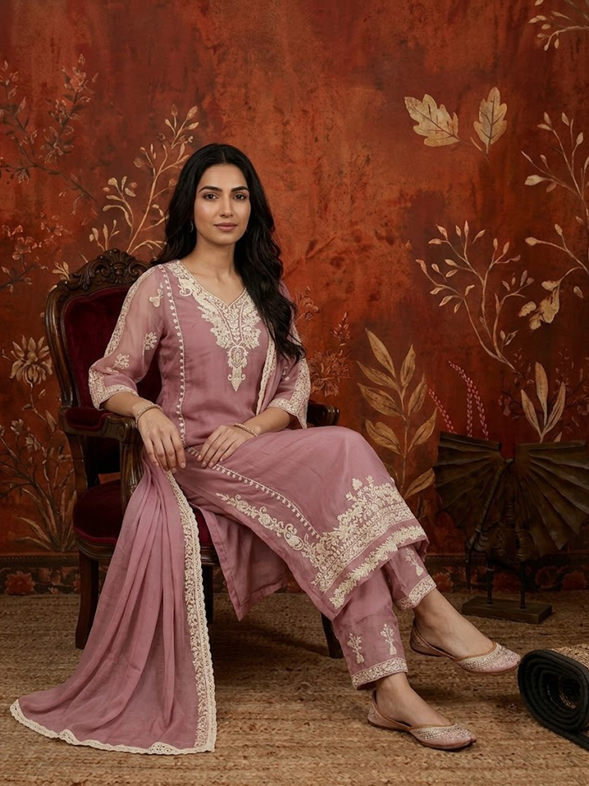 Women Pink Embroidered Kurta Comfort Pant Dupatta