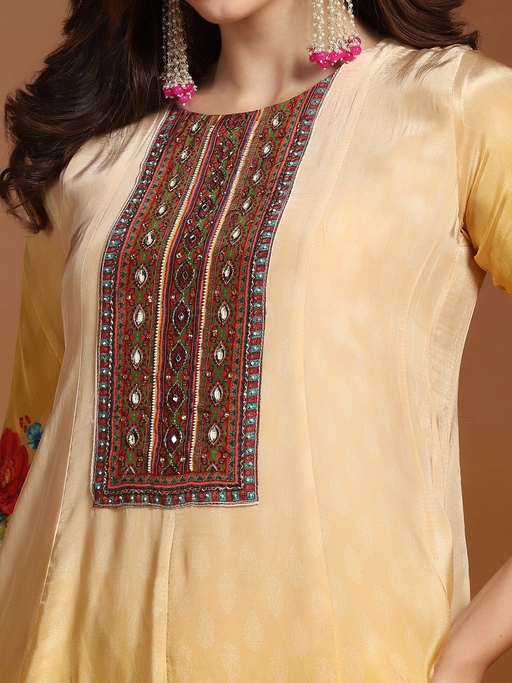 Natural Crepe Mustard Printed Kurta Comfort Pant Dupatta