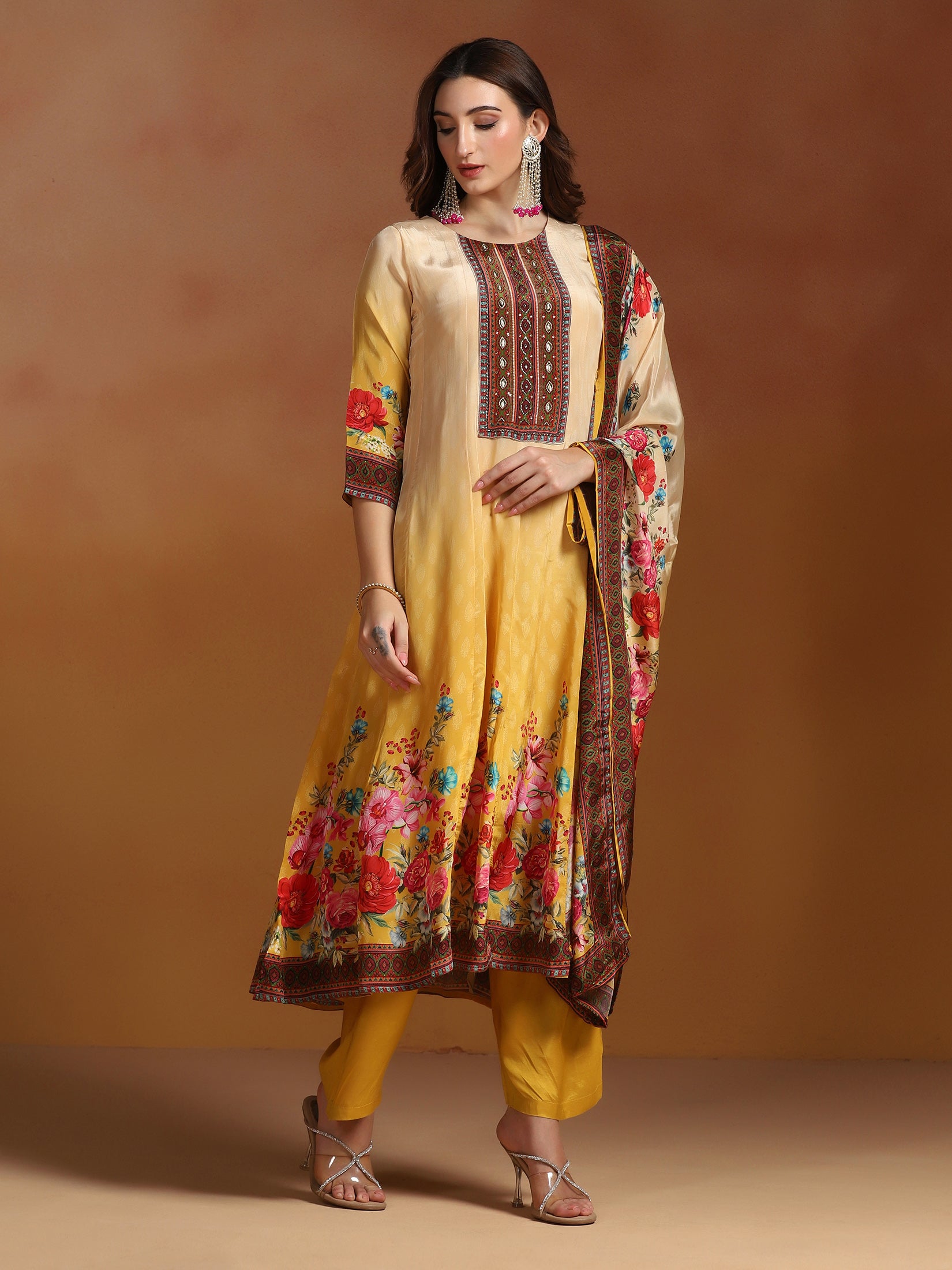 Natural Crepe Mustard Printed Kurta Comfort Pant Dupatta