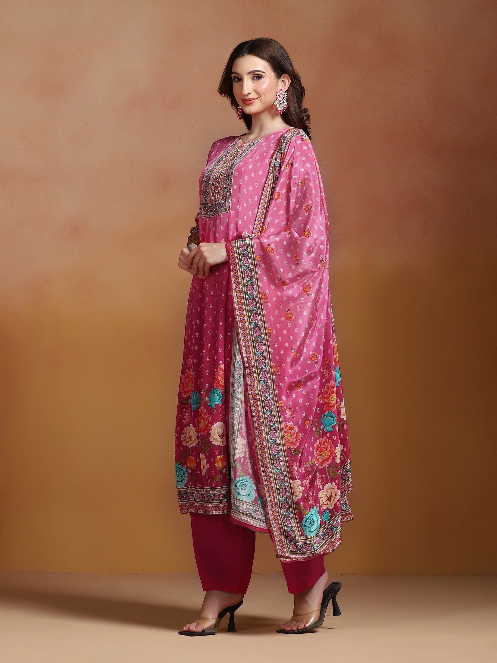 Women Natural Crepe Mustard Printed Kurta Comfort Pant With Dupatta