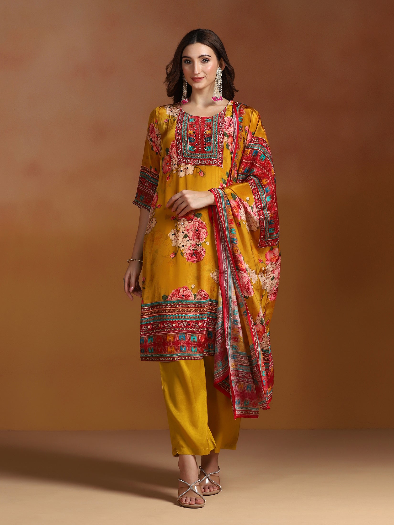 Women Natural Crepe Mustard Printed Kurta Comfort Pant Dupatta