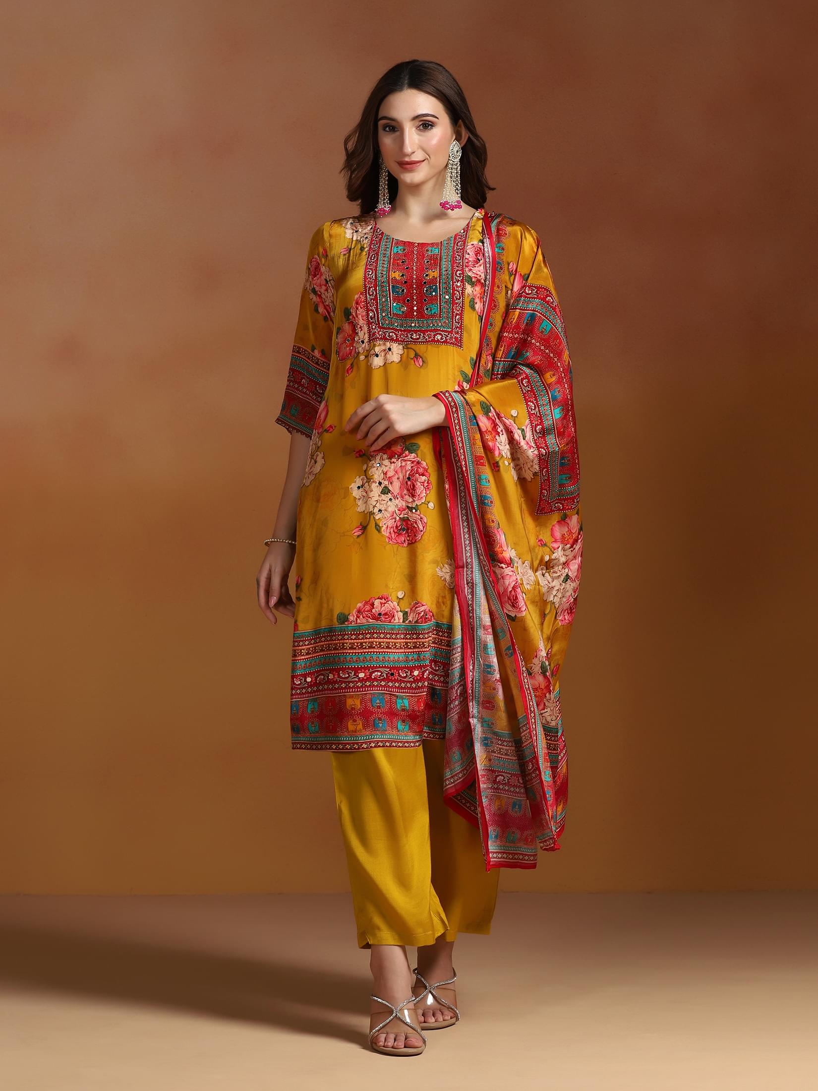 Mustard yellow traditional printed natural crepe traditional outfit