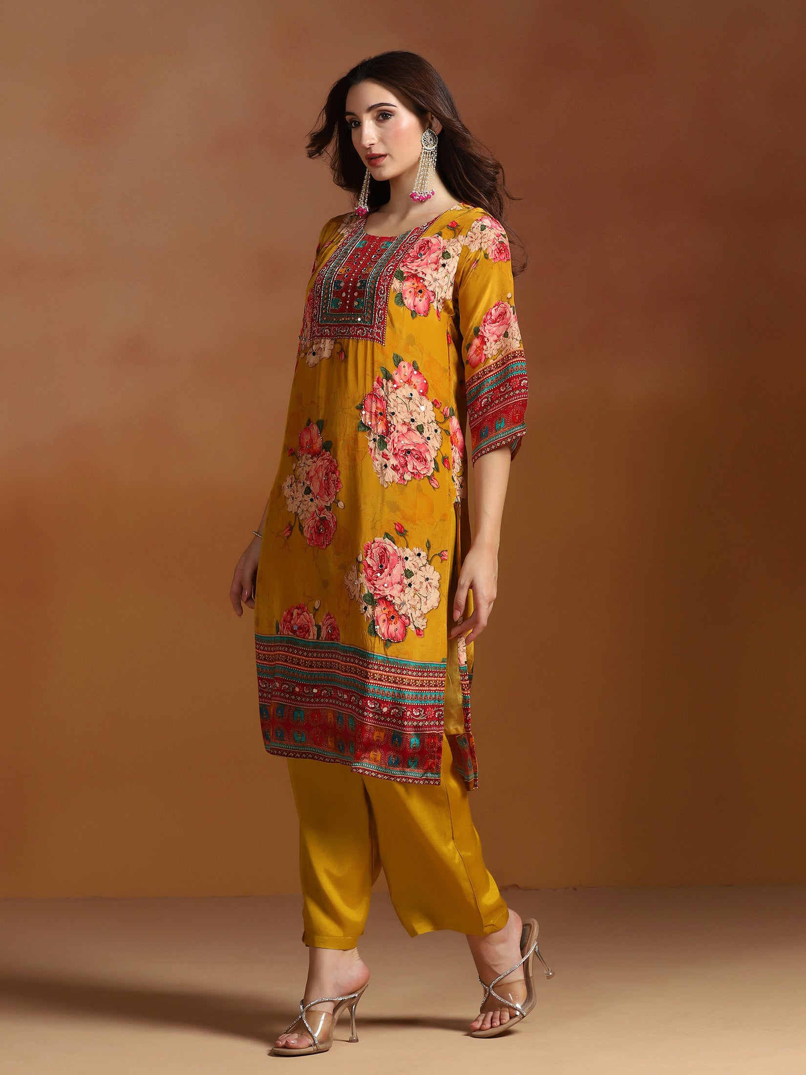 Women Natural Crepe Mustard Printed Kurta Comfort Pant Dupatta