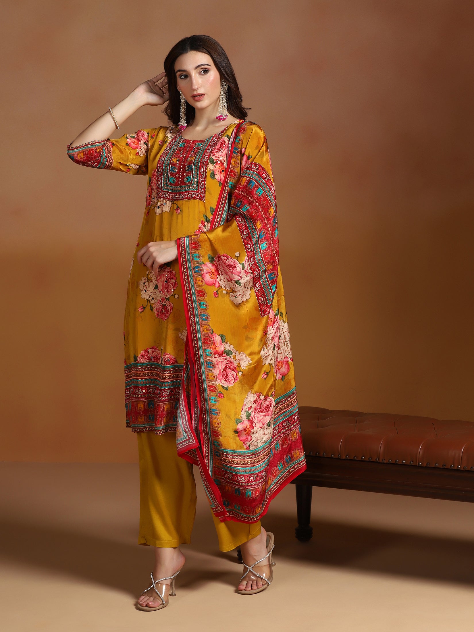 Women Natural Crepe Mustard Printed Kurta Comfort Pant Dupatta