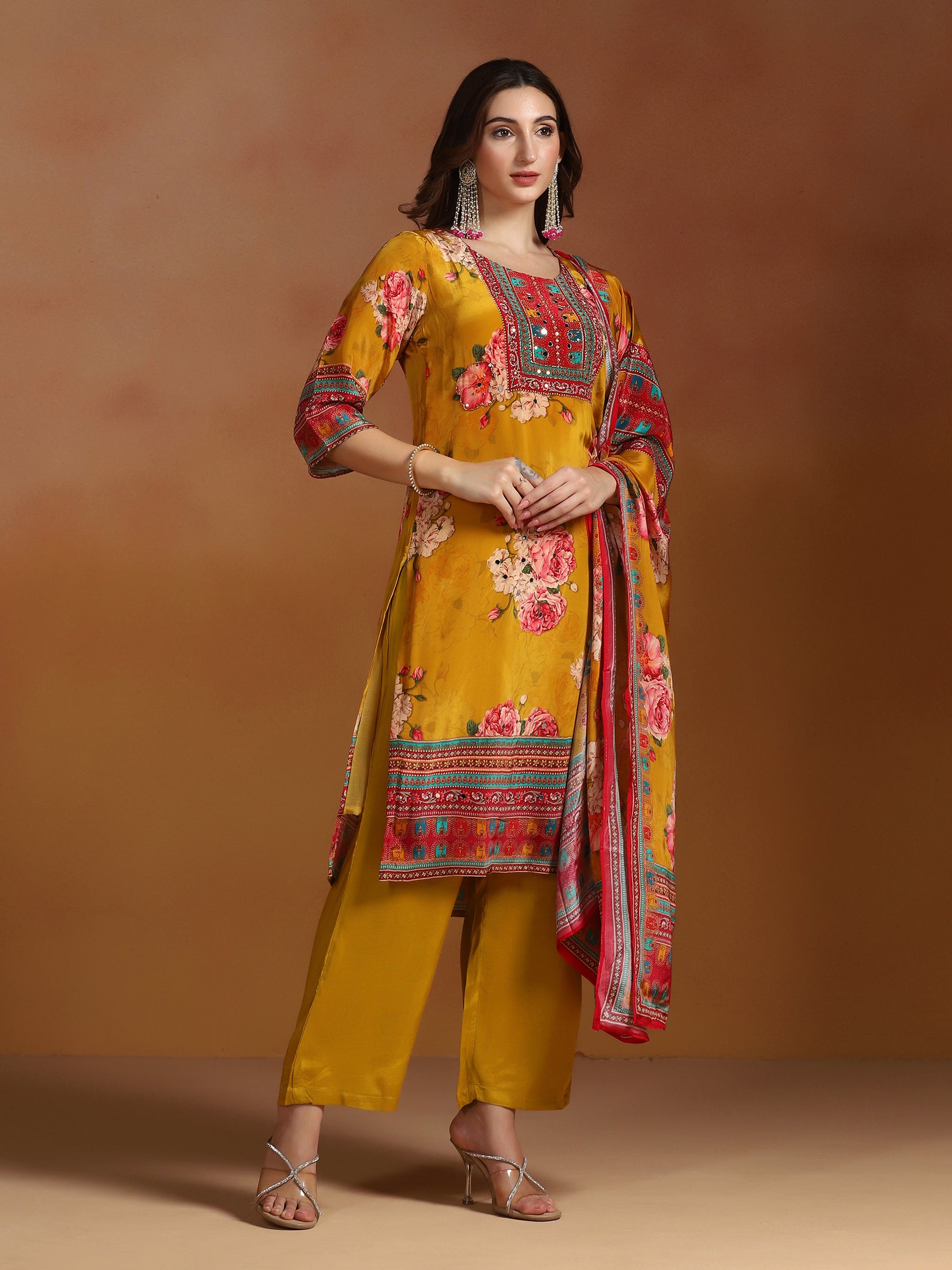 Women Natural Crepe Mustard Printed Kurta Comfort Pant Dupatta