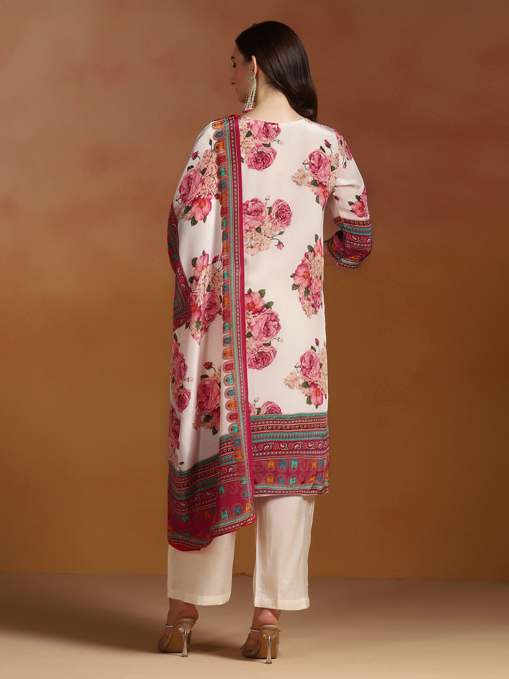 Women Natural Crepe Off White Printed Kurta Comfort Pant Dupatta