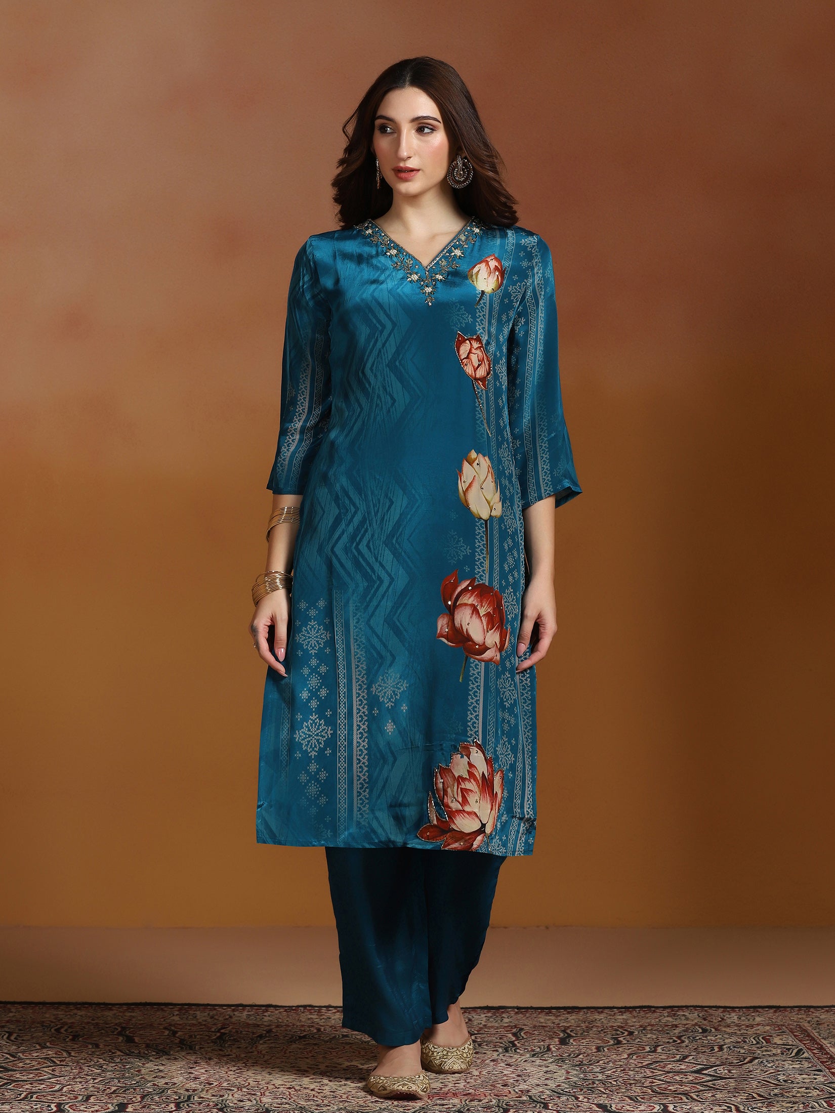 Women Natural Crepe Blue Printed Kurta Comfort Pant Dupatta