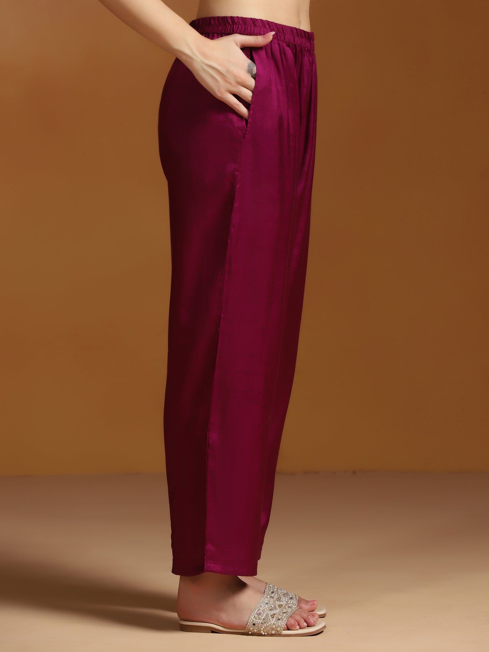 Women Natural Crepe Purple Printed Kurta Comfort Pant Dupatta