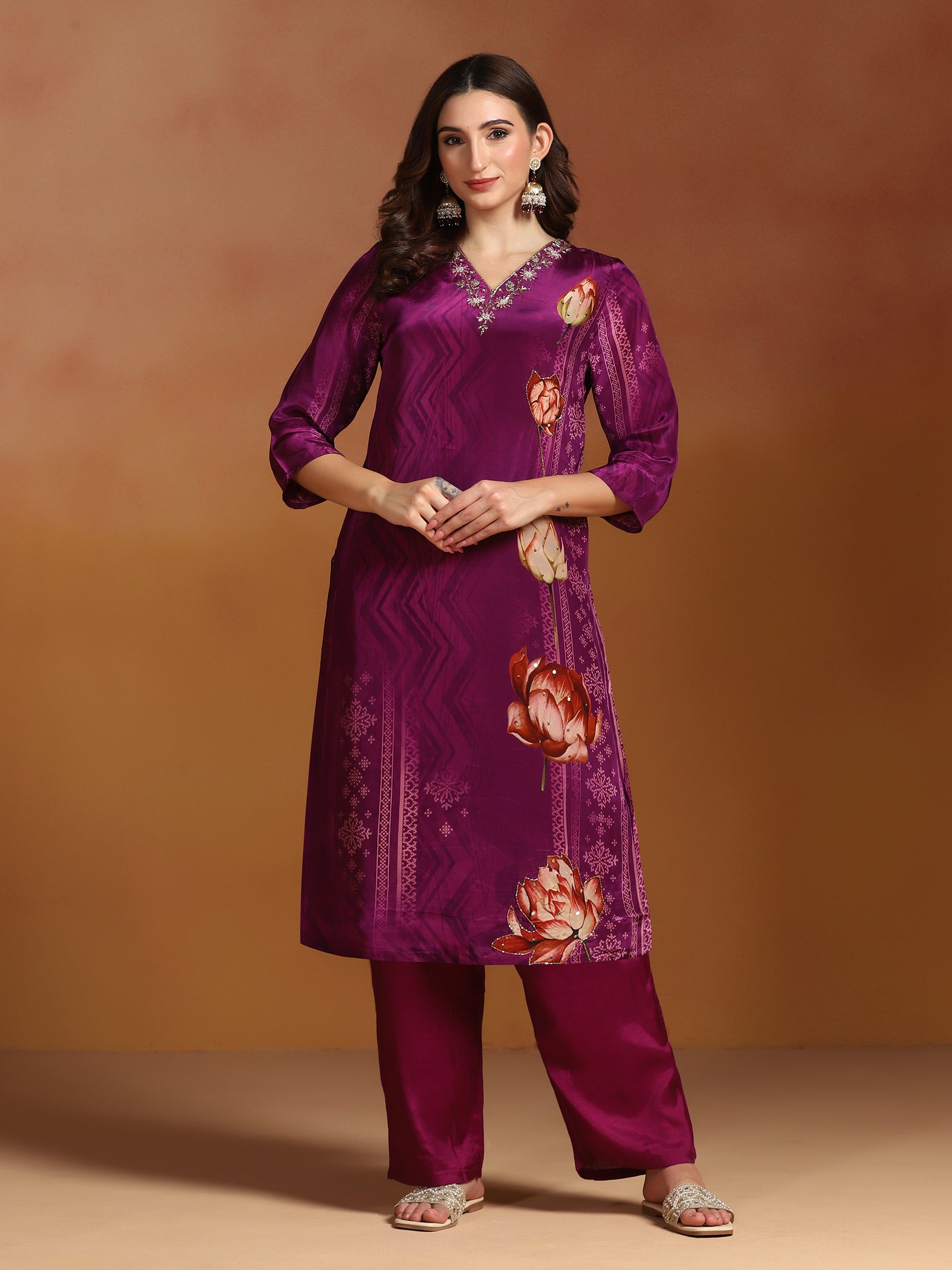 Women Natural Crepe Purple Printed Kurta Comfort Pant Dupatta