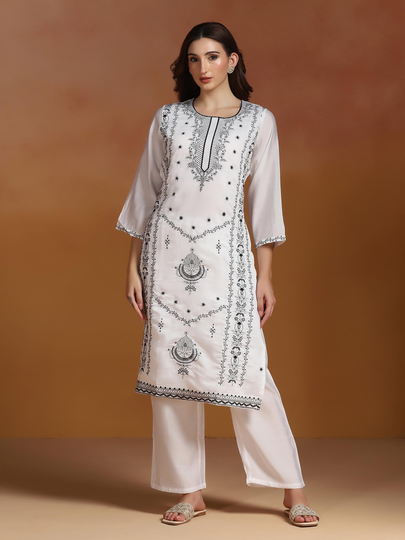 Women Chanderi White Embroidered Kurta Comfort Pant Dupatta.