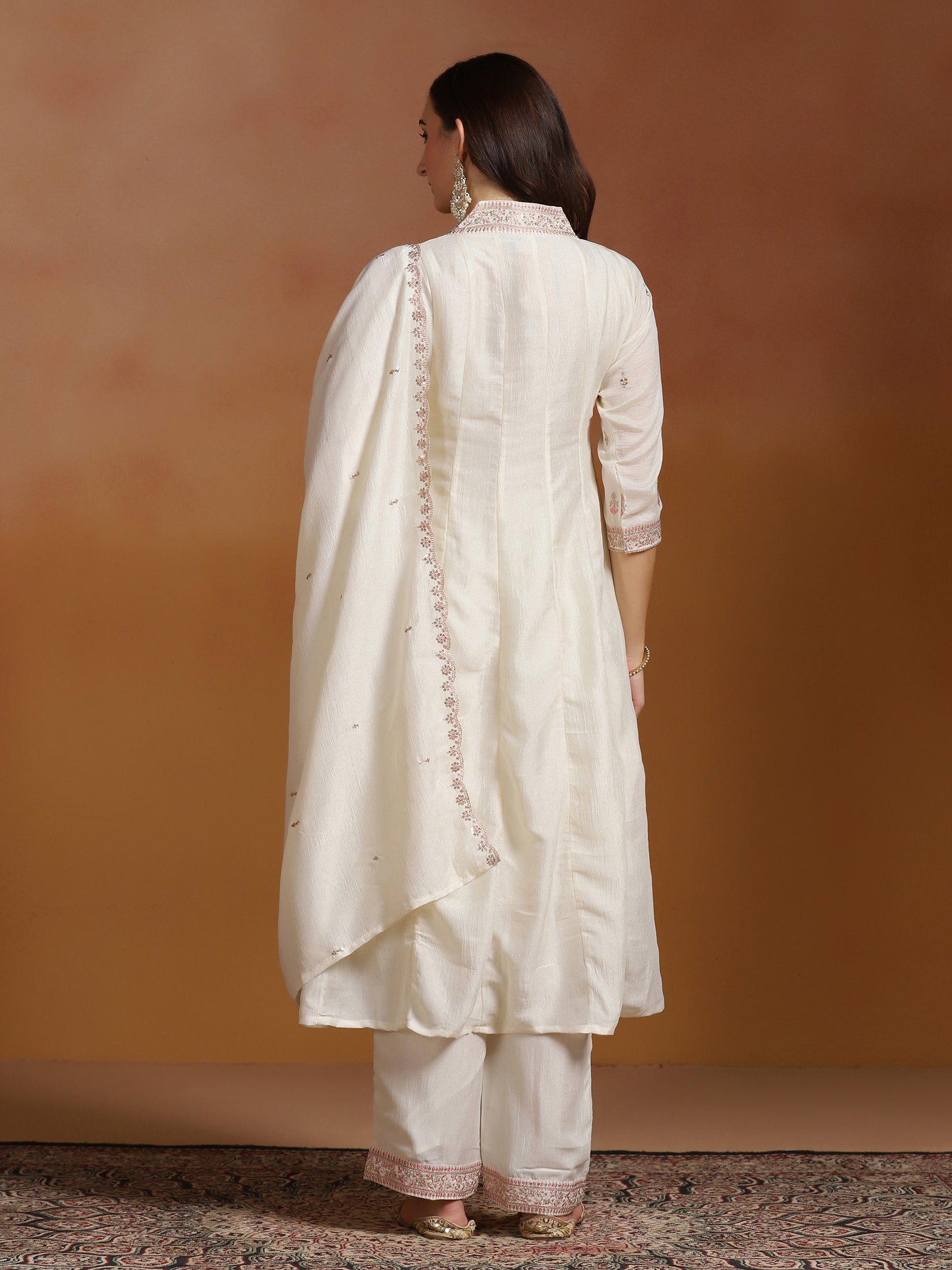 Women Chinon Off White Embroidered Kurta Comfort Pant Dupatta