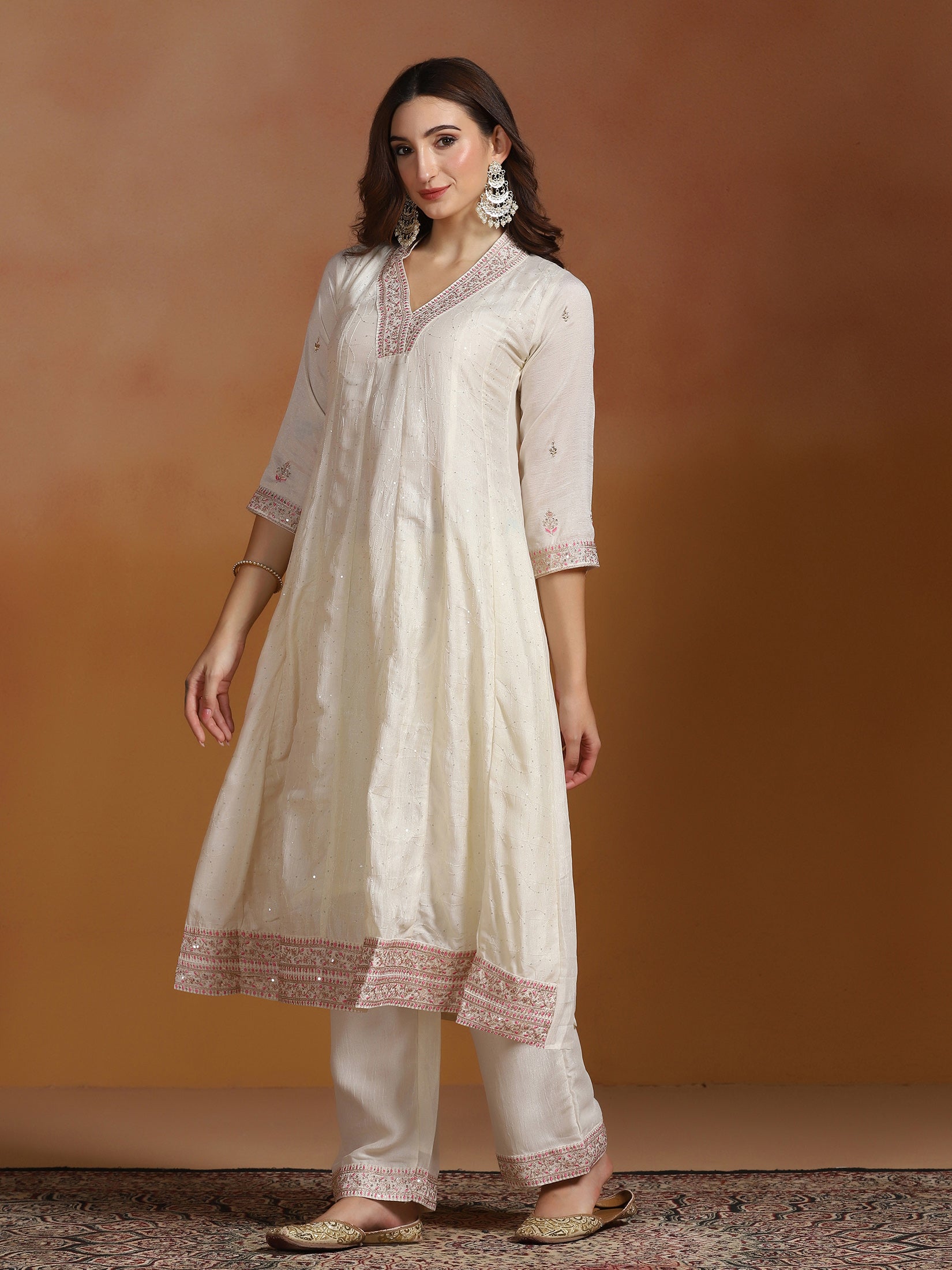 Women Chinon Off White Embroidered Kurta Comfort Pant Dupatta