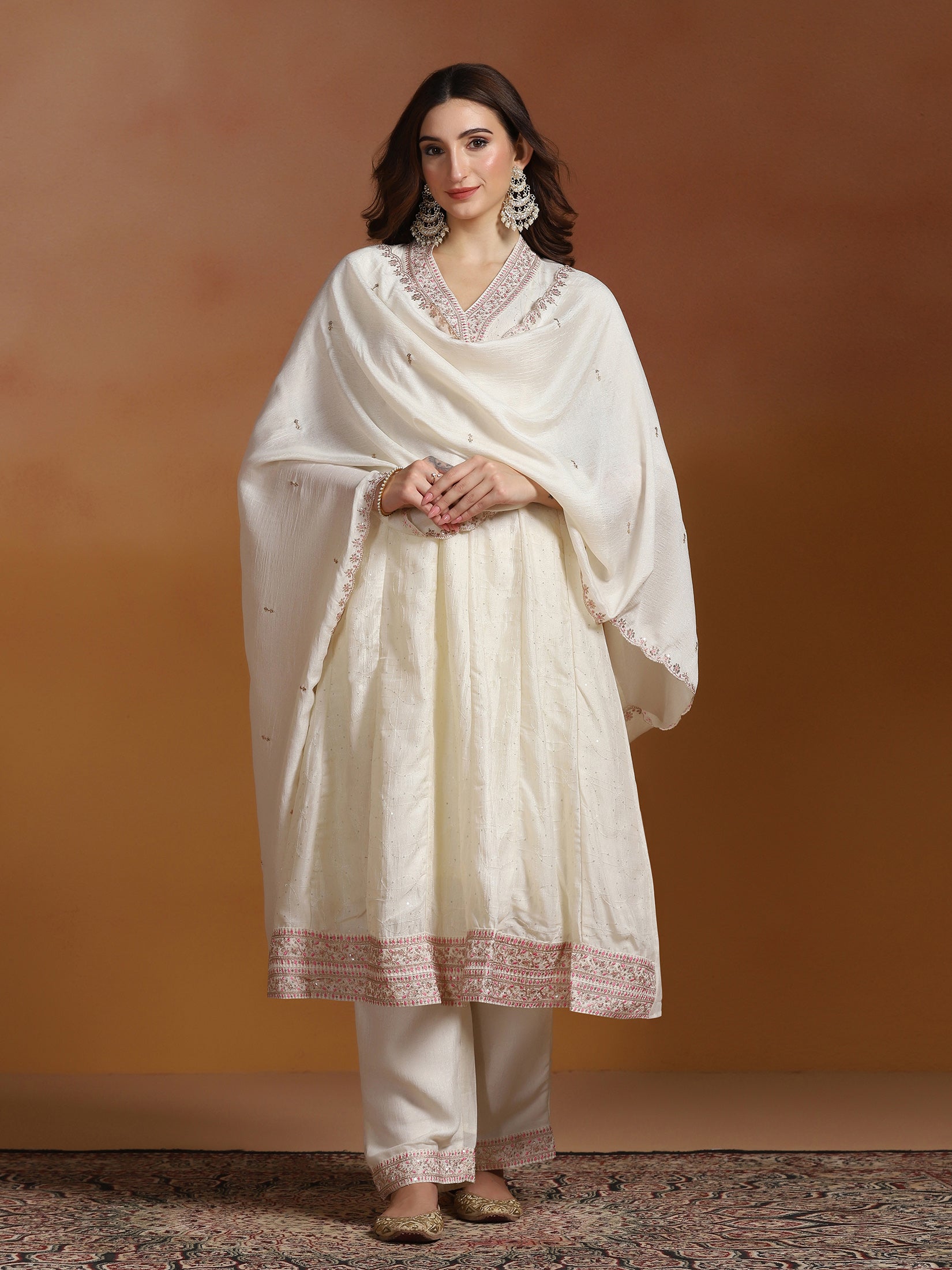 Women Chinon Off White Embroidered Kurta Comfort Pant Dupatta