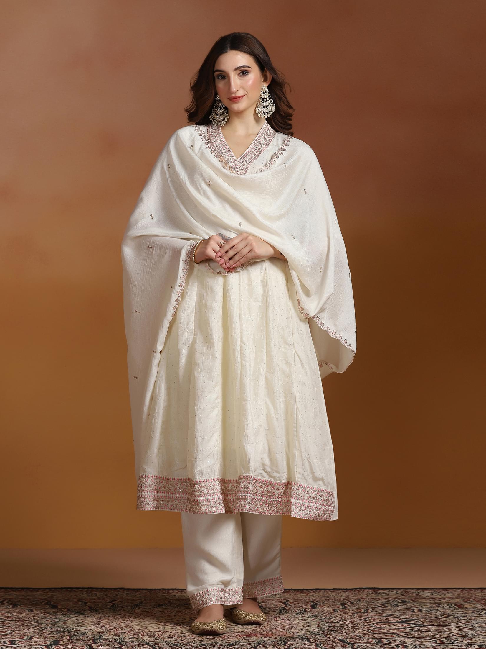 Graceful off white embroidered Chinon party wear suit set