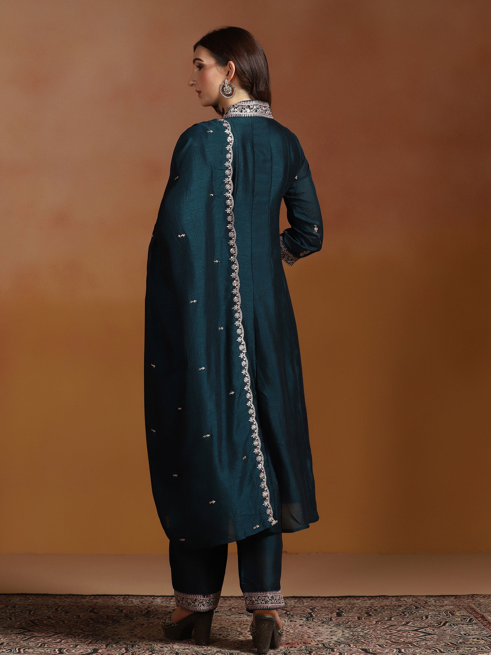 Women Chinon Peacock Blue Embroidered Kurta Comfort Pant Dupatta