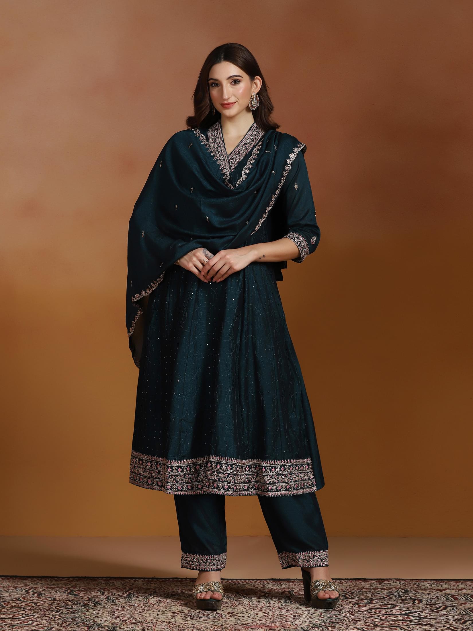 Peacock blue embroidered Chinon luxury kurta pant dupatta outfit