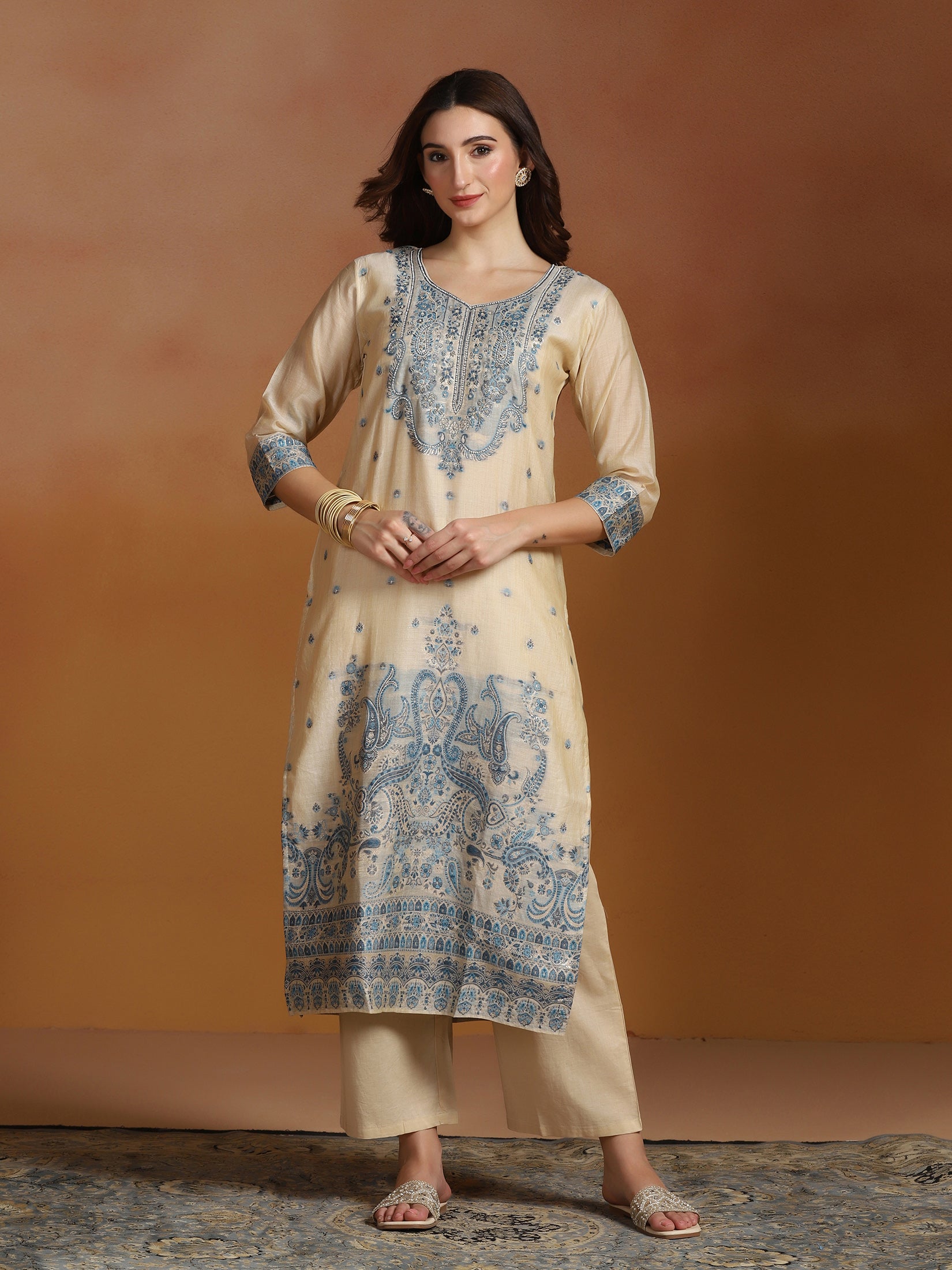 Women Beige Chanderi Jacquard Kurta Comfort Pant Dupatta