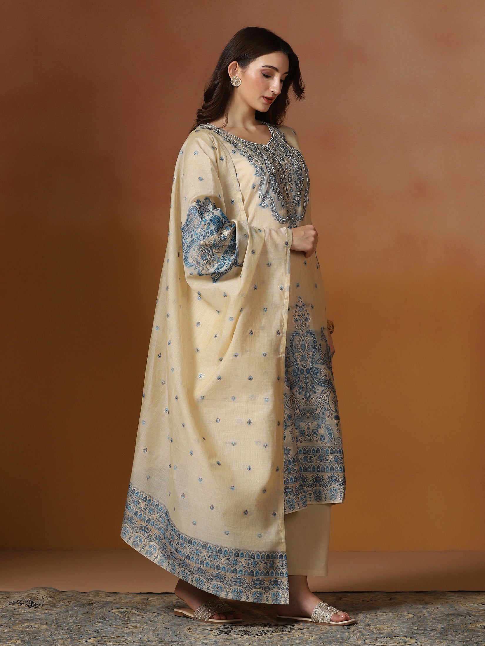 Women Beige Chanderi Jacquard Kurta Comfort Pant Dupatta