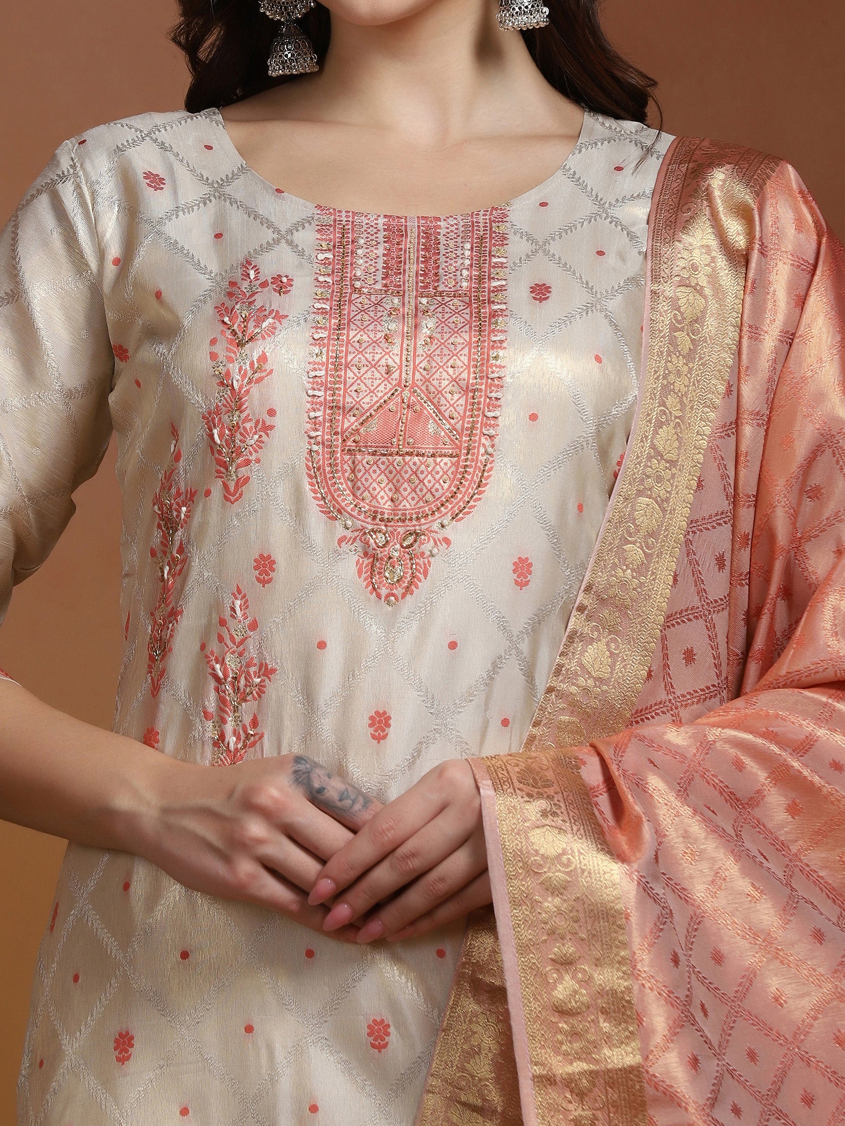 Women Off White Jacquard Kurta Comfort Pant Dupatta