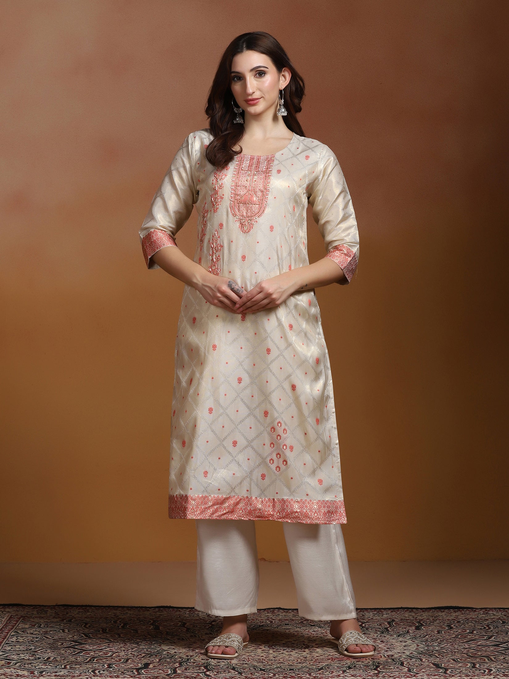 Women Off White Jacquard Kurta Comfort Pant Dupatta