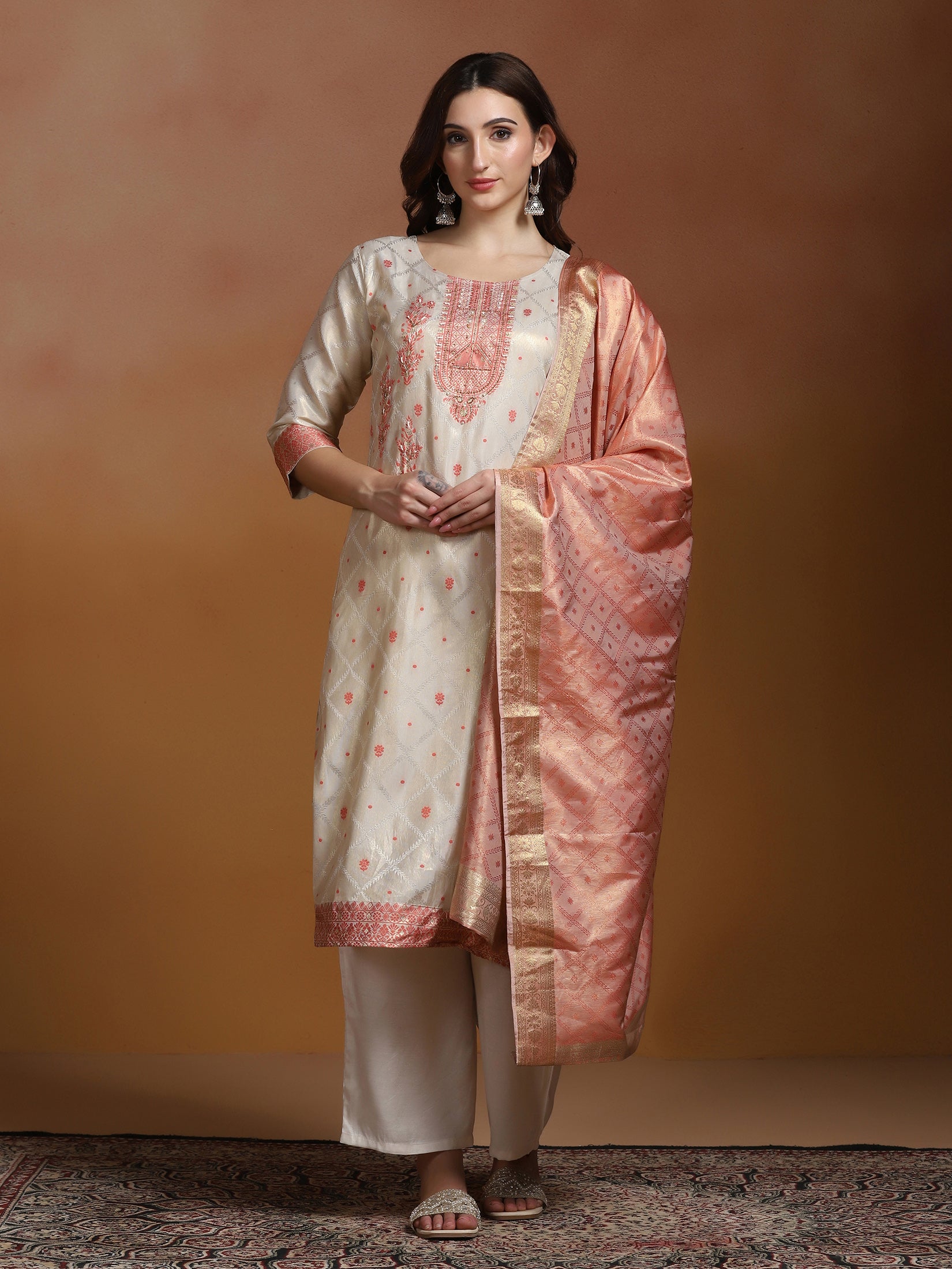Women Off White Jacquard Kurta Comfort Pant Dupatta