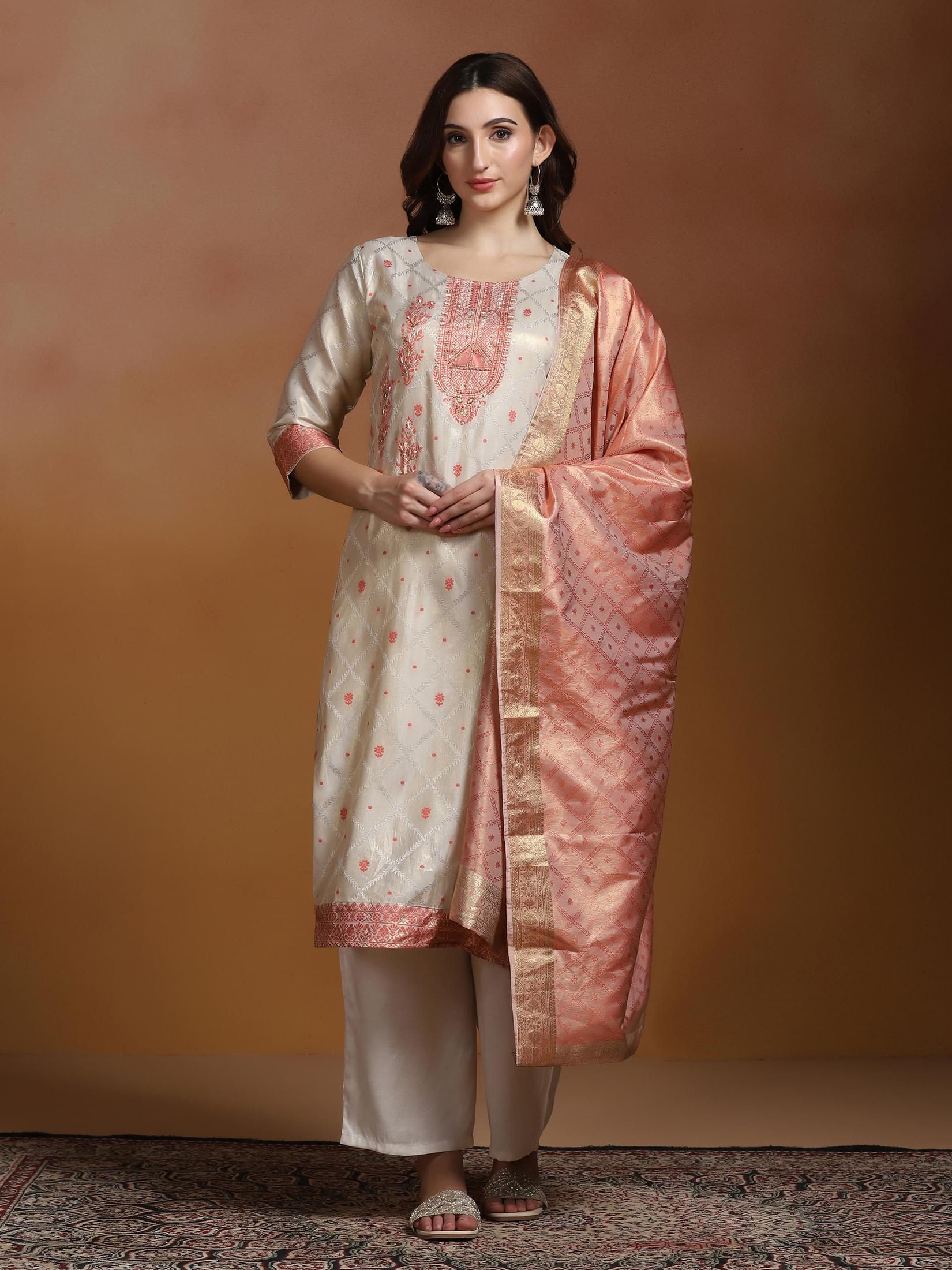 Off white woven jacquard pattern kurta with comfortable pants and dupatta