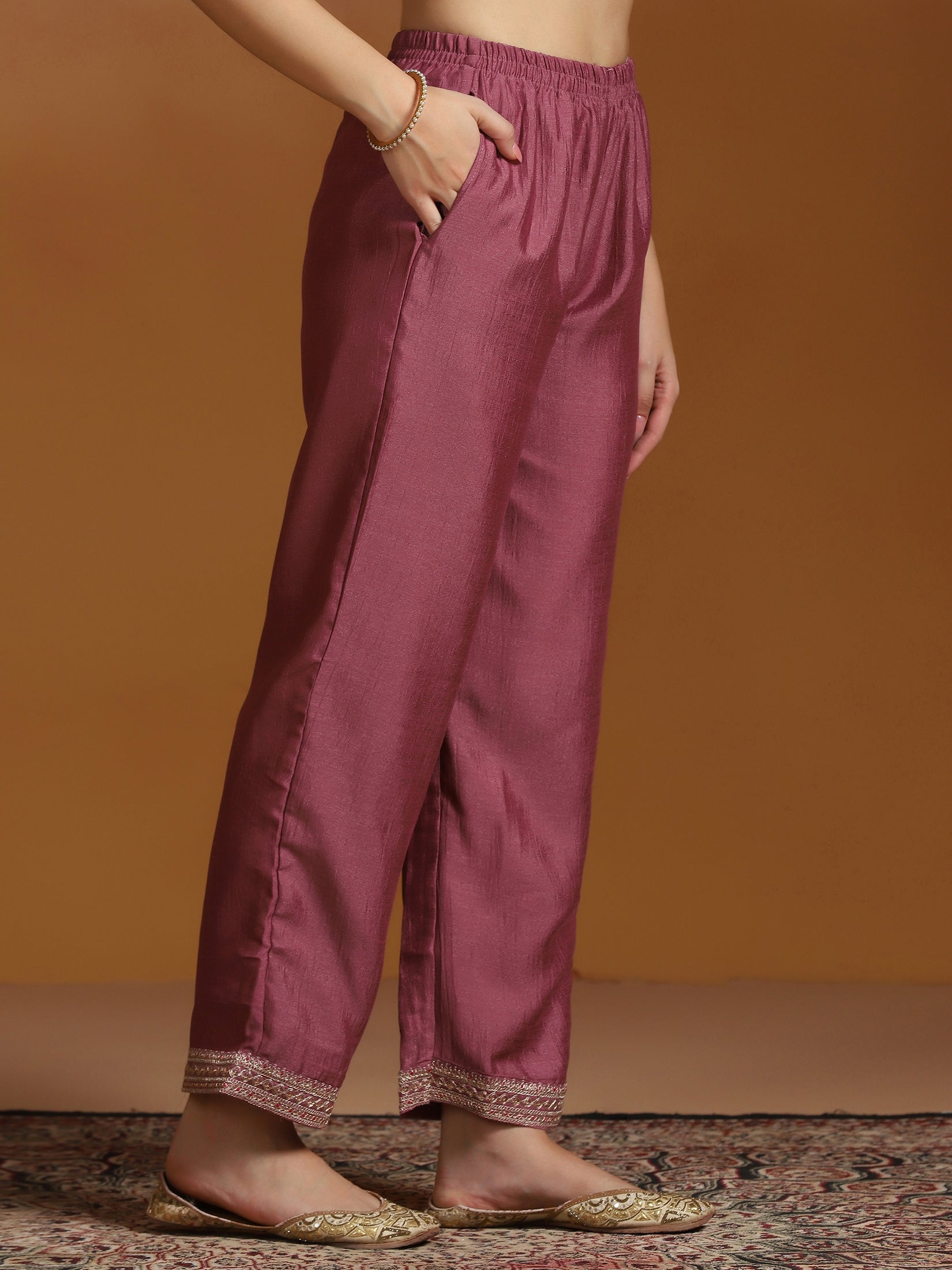 Women Chinon Pink Embroidered Kurta Comfort Pant Dupatta