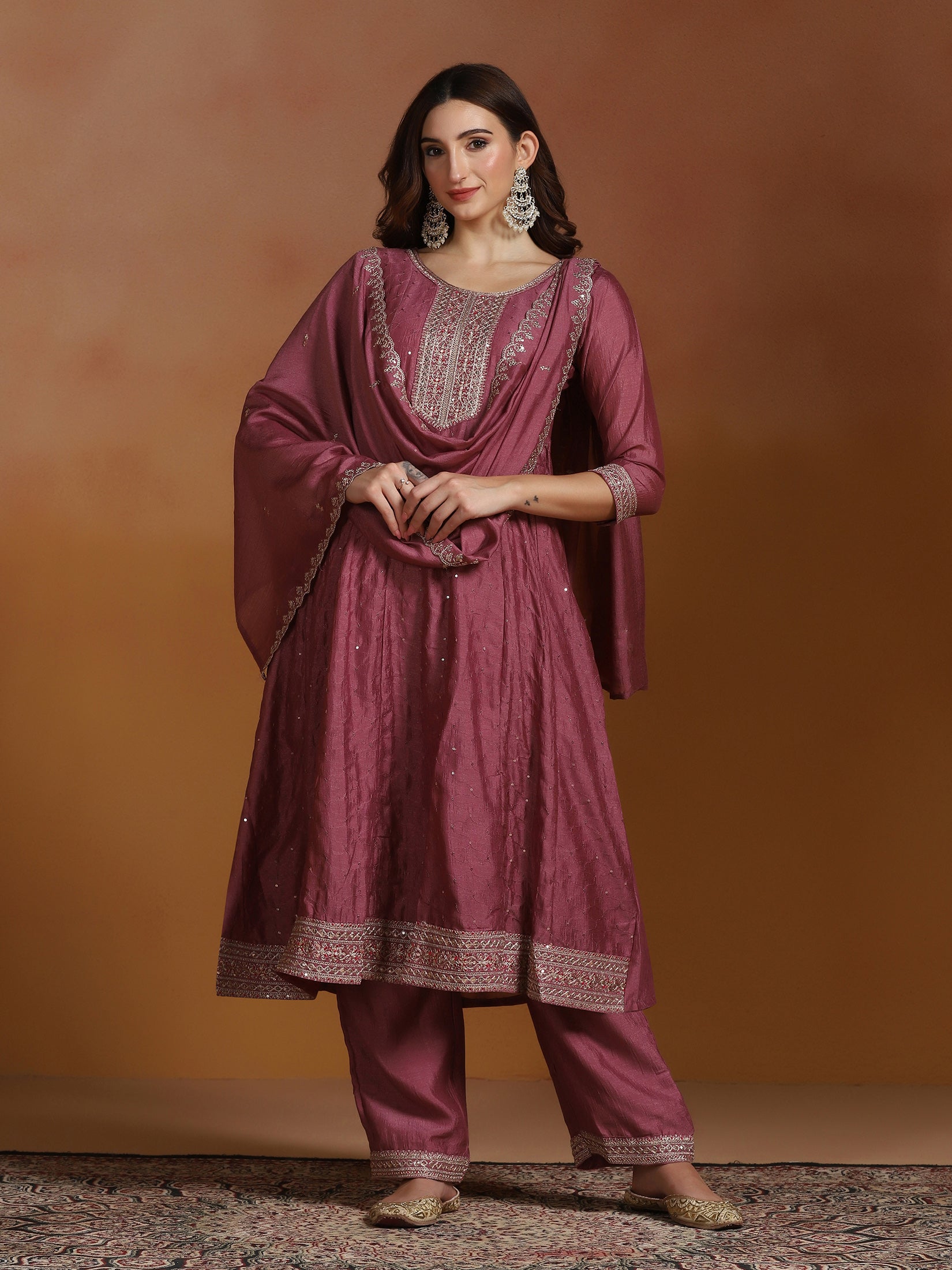 Women Chinon Pink Embroidered Kurta Comfort Pant Dupatta
