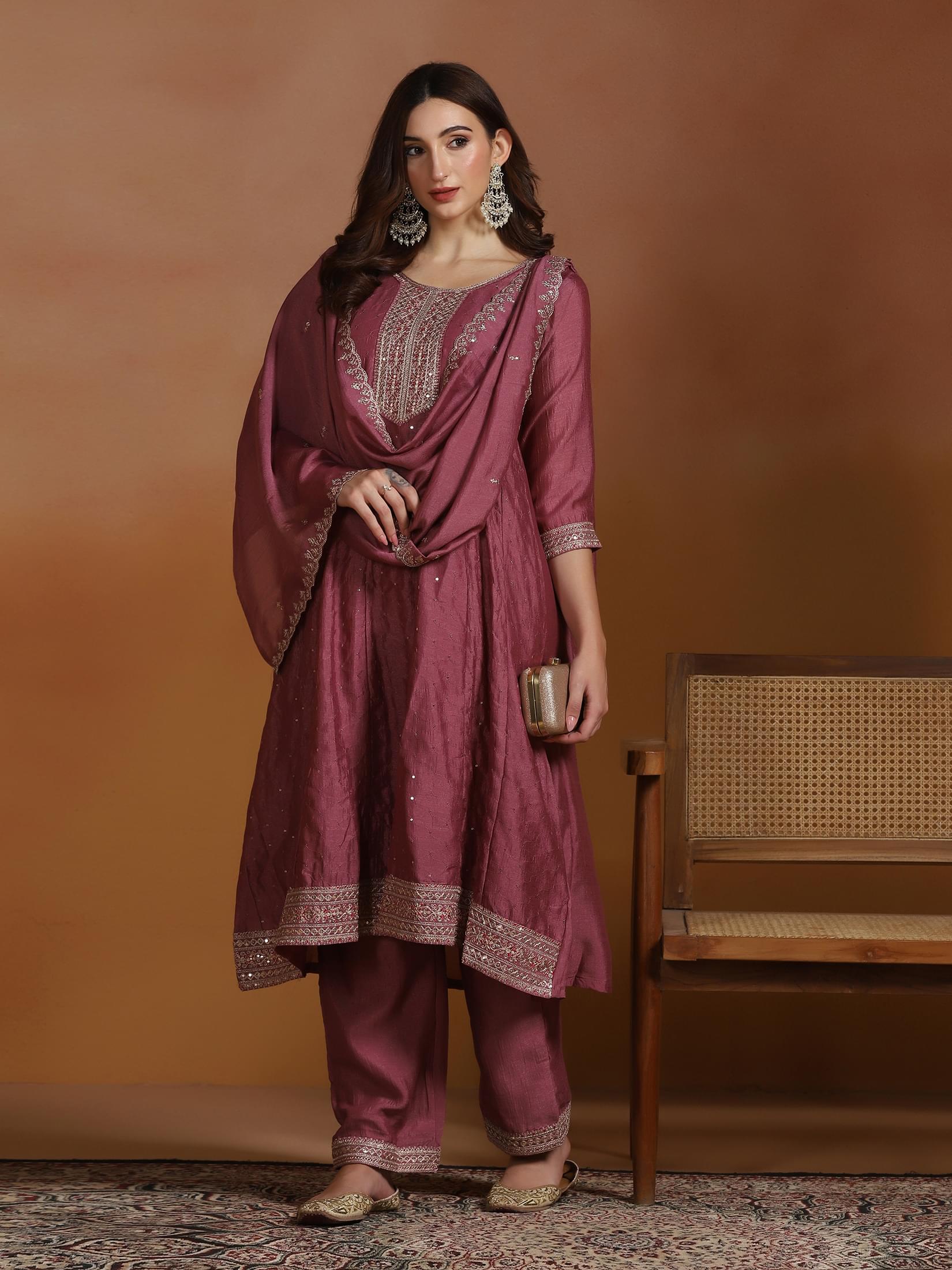 Pastel pink embroidered Chinon traditional suit with pants and dupatta
