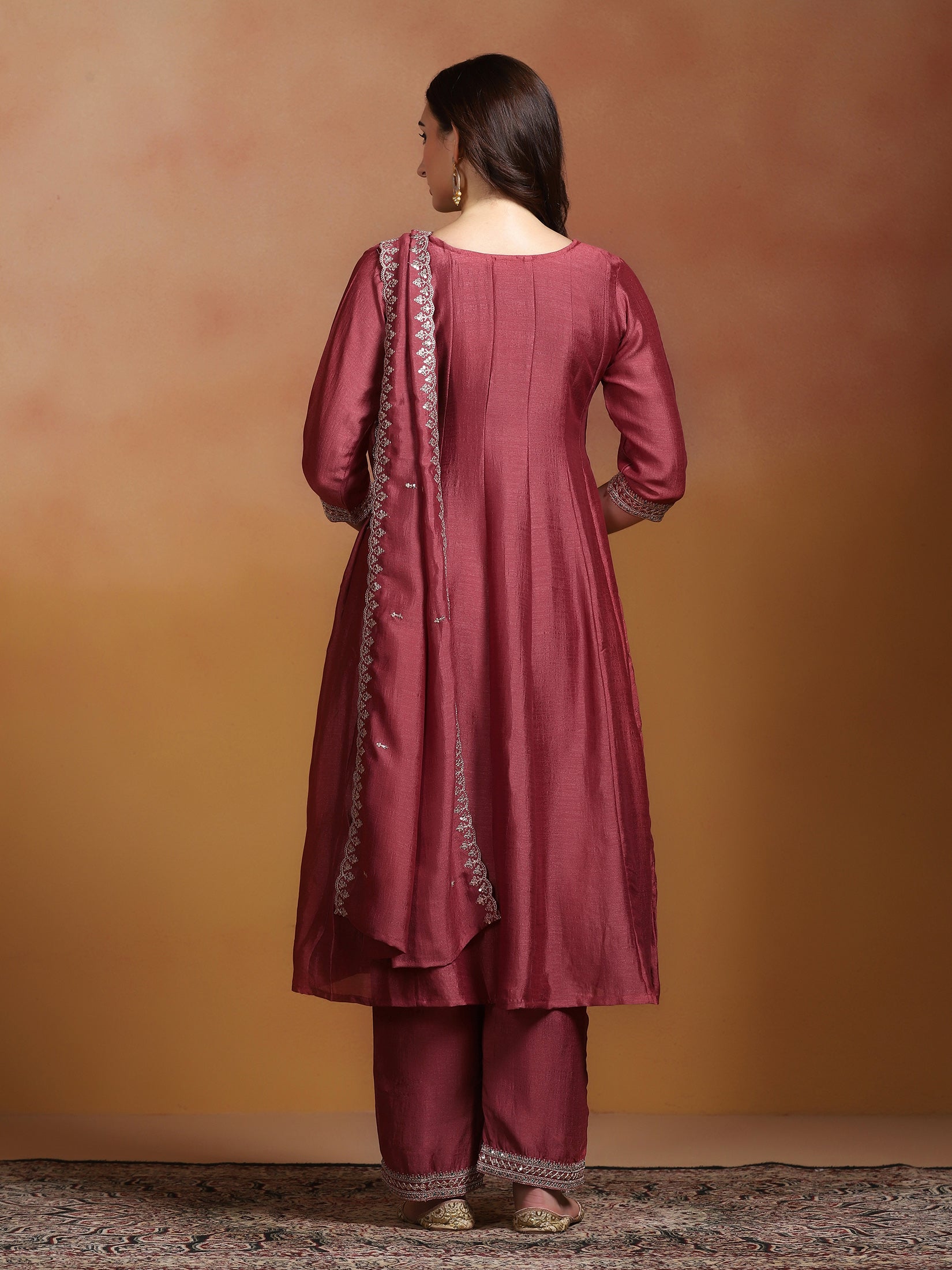 Women Chinon Rust Embroidered Kurta Comfort Pant Dupatta
