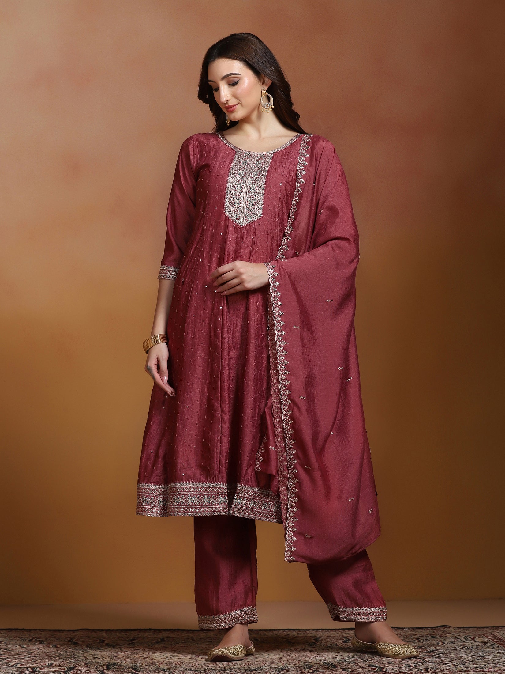 Women Chinon Rust Embroidered Kurta Comfort Pant Dupatta