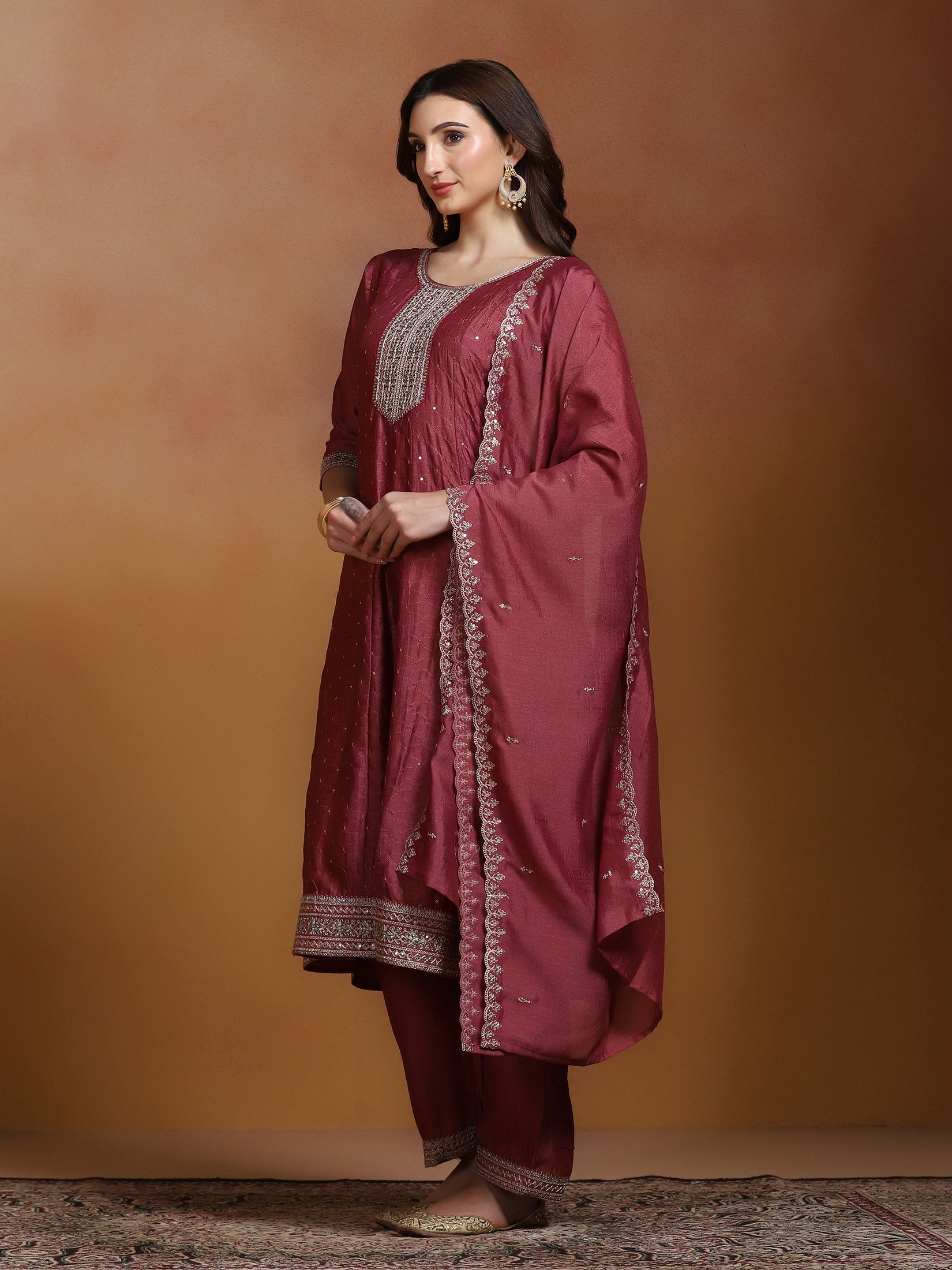 Women Chinon Rust Embroidered Kurta Comfort Pant Dupatta