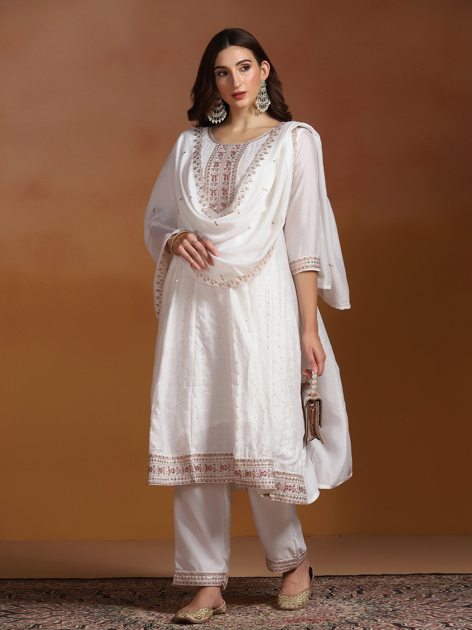 Women Chinon White Embroidered Kurta Comfort Pant Dupatta