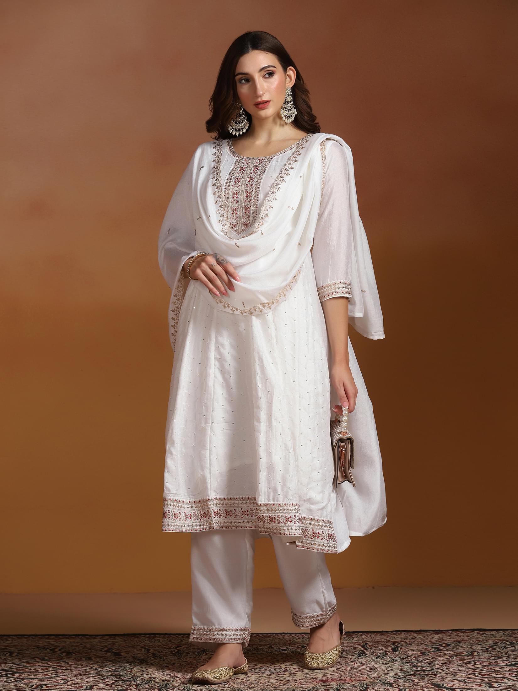 Classic white embroidered Chinon ethnic wear kurta pant set byshree