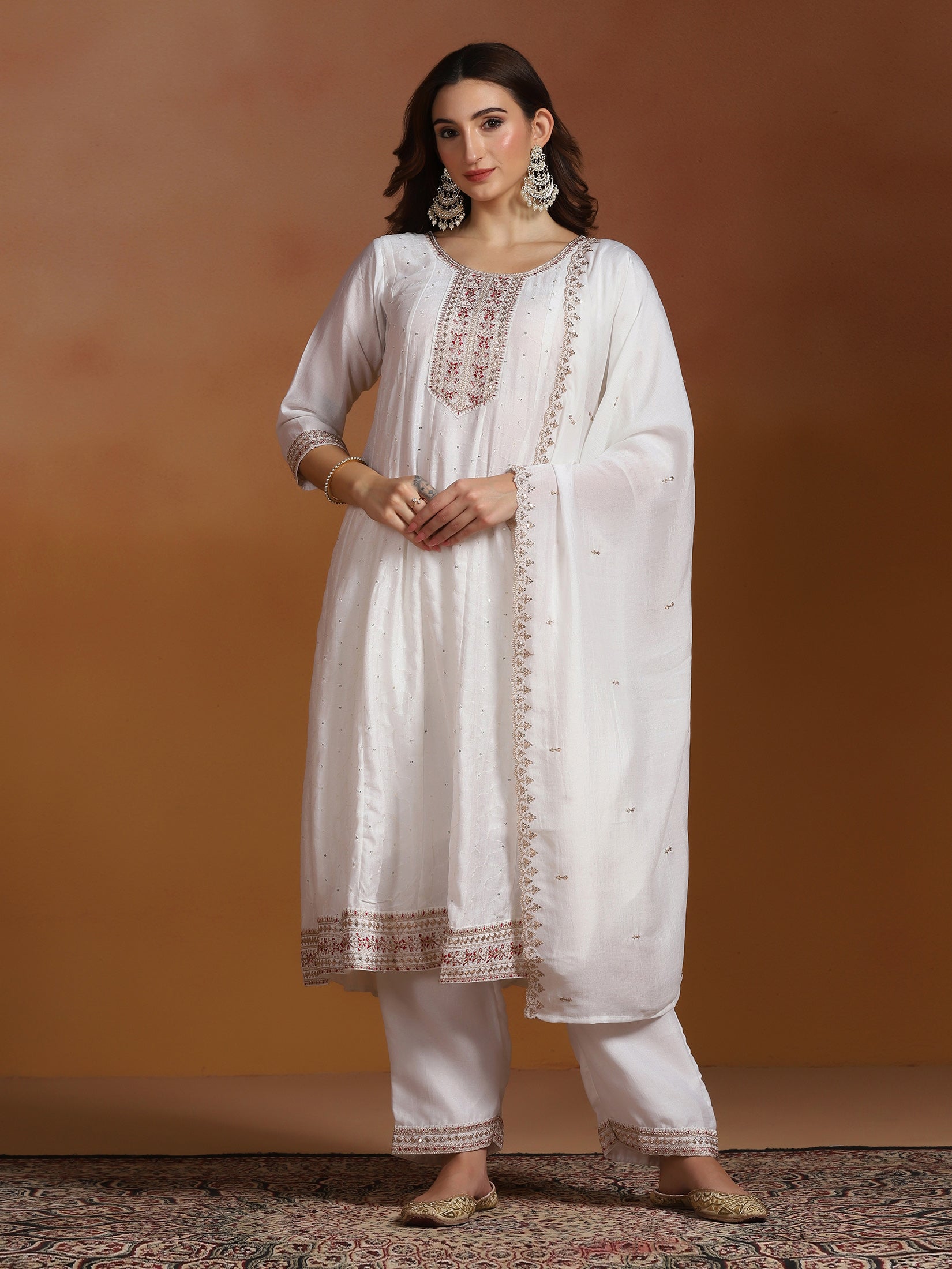 Women Chinon White Embroidered Kurta Comfort Pant Dupatta