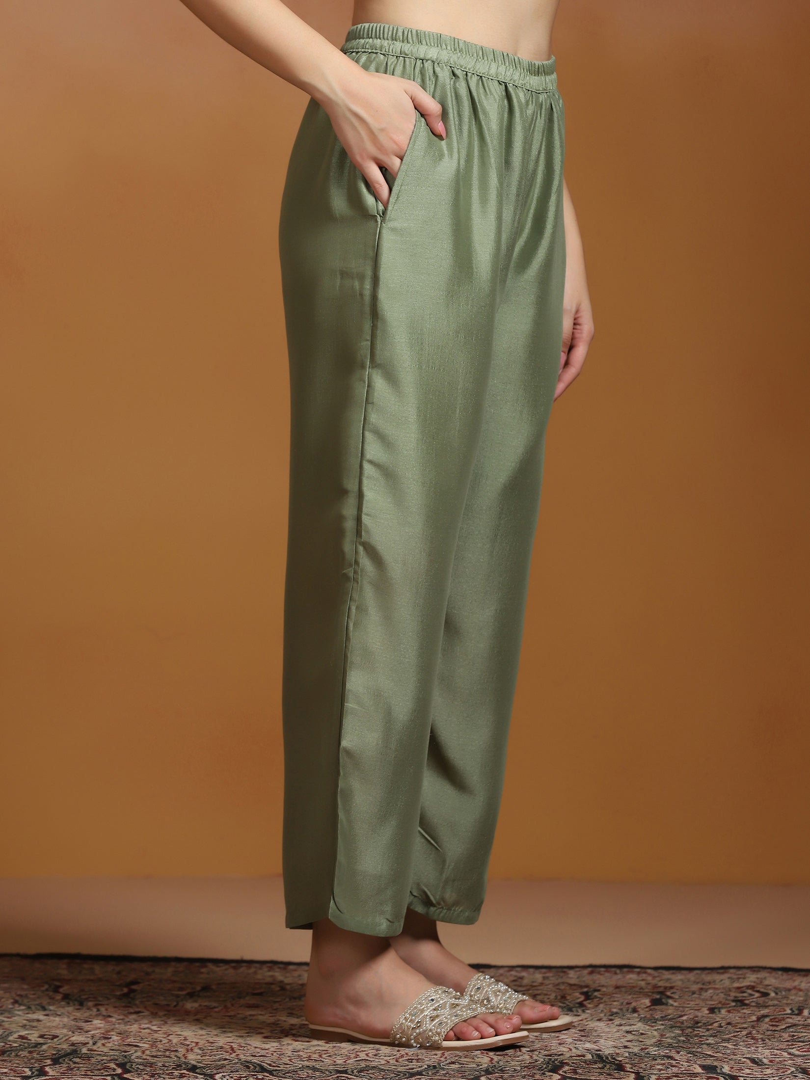 Women Poly Viscose Off White and Green Embroidered Kurta Comfort Pant Dupatta