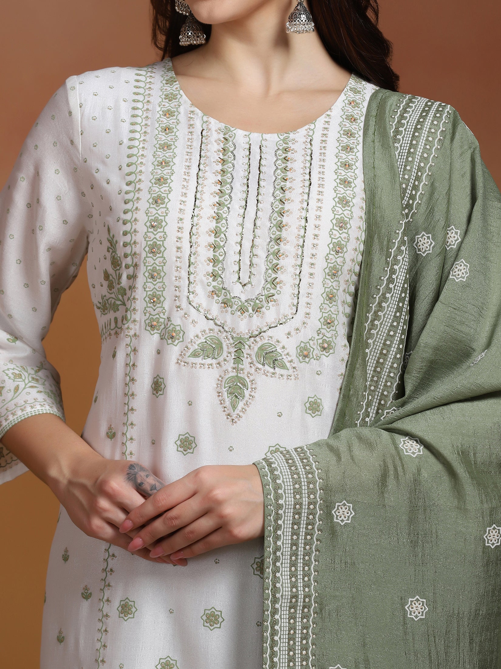Women Poly Viscose Off White and Green Embroidered Kurta Comfort Pant Dupatta