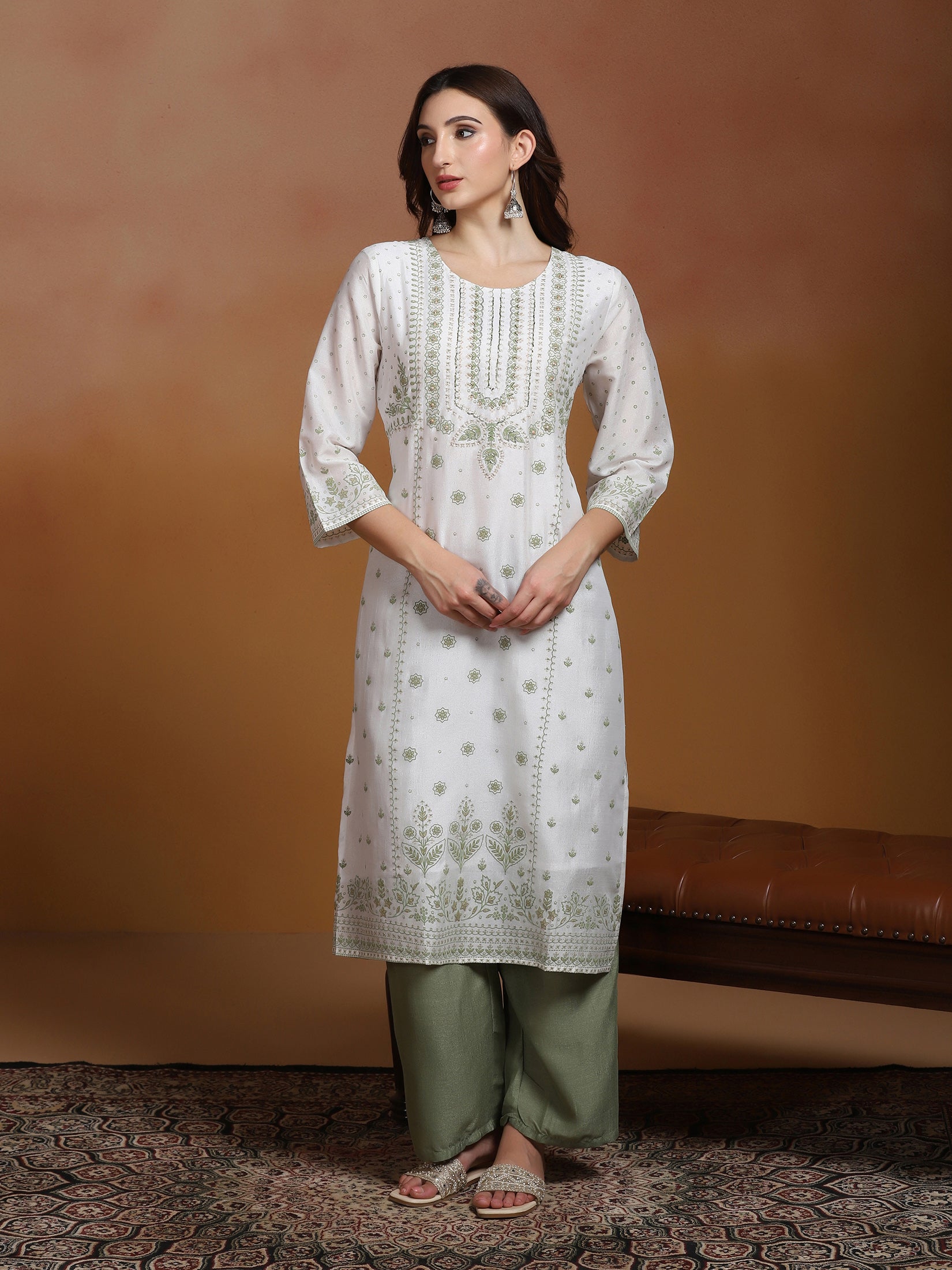 Women Poly Viscose Off White and Green Embroidered Kurta Comfort Pant Dupatta