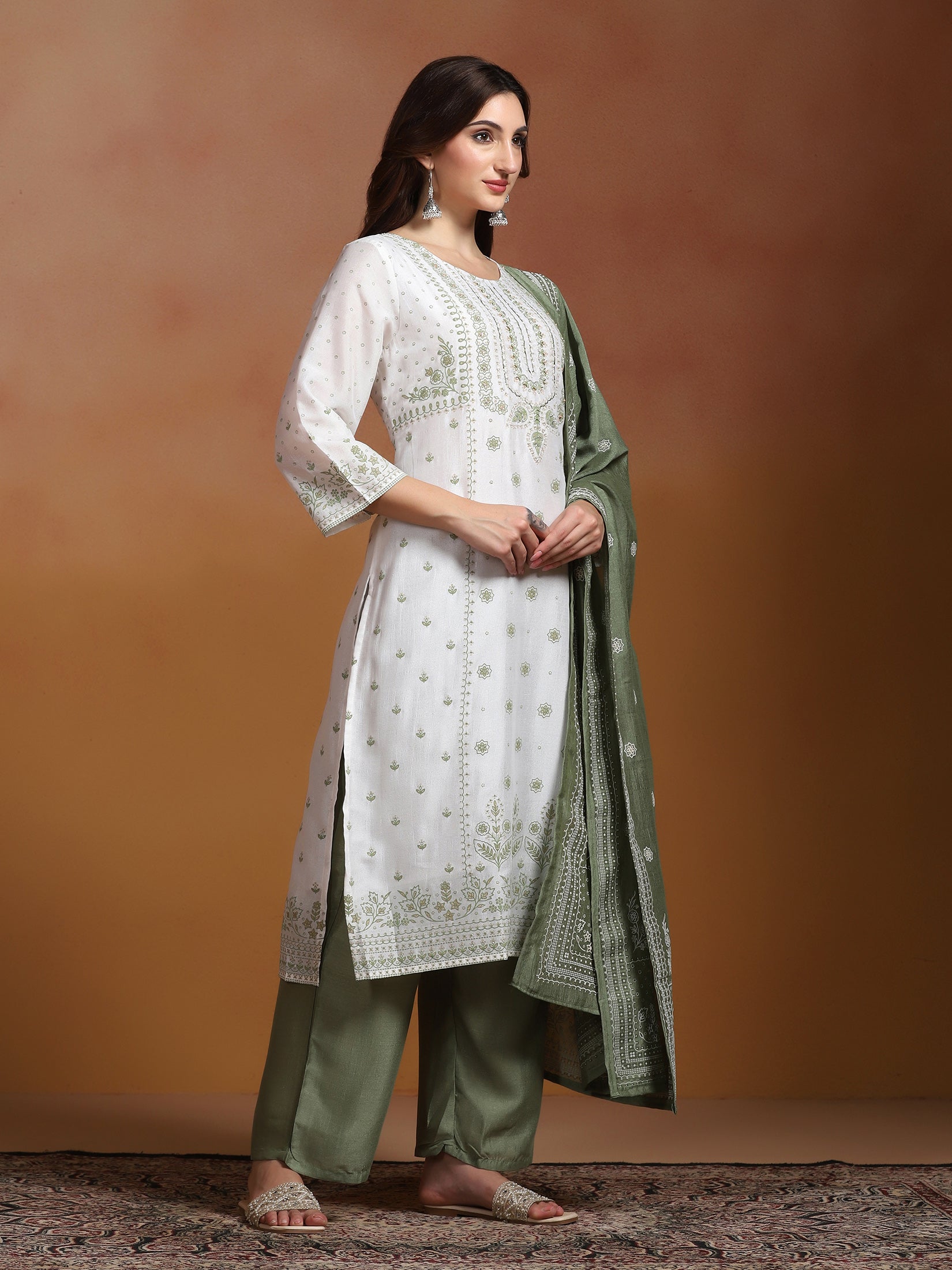 Women Poly Viscose Off White and Green Embroidered Kurta Comfort Pant Dupatta