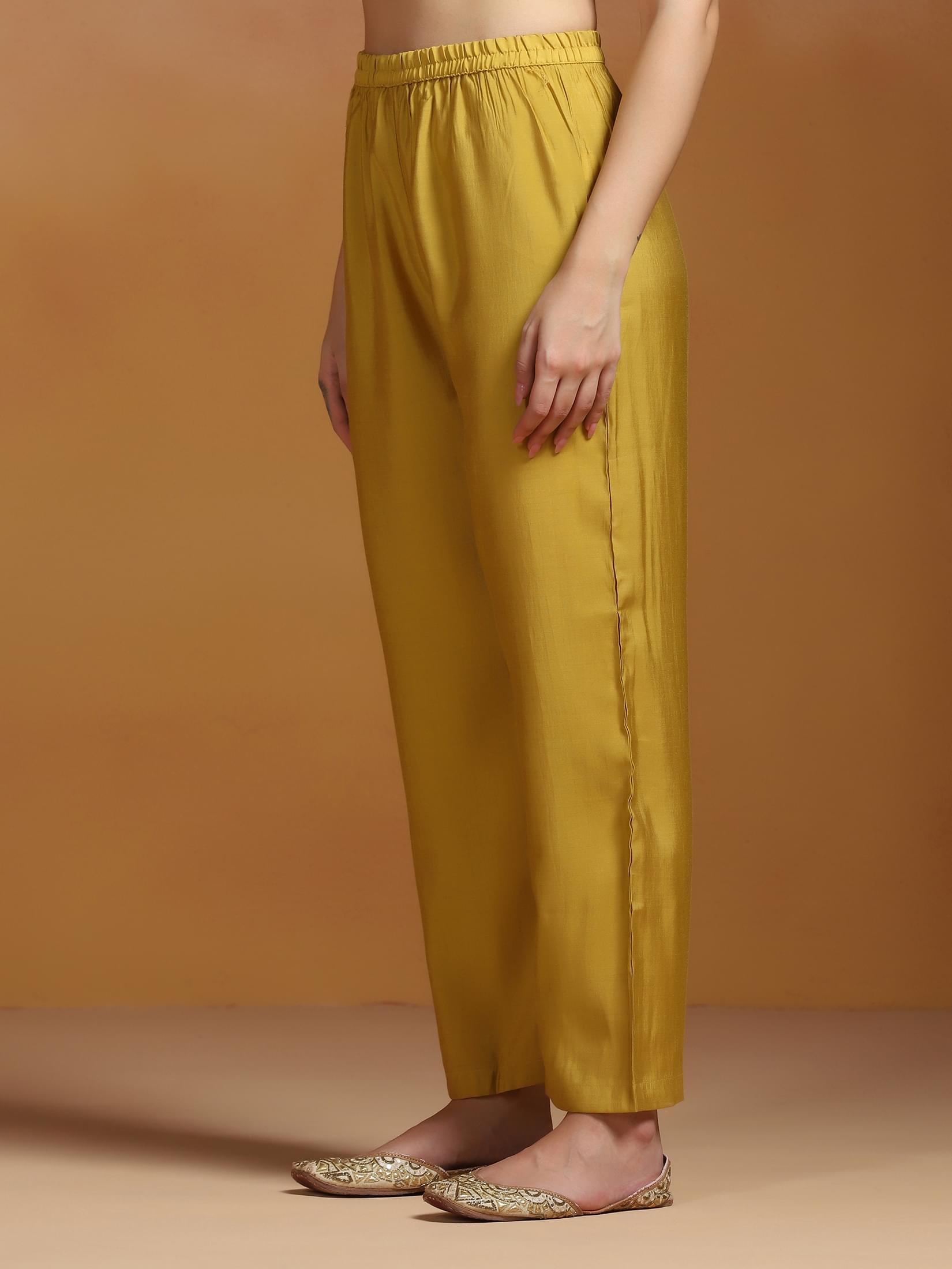 Women Mull Chanderi Mustard Embroidered Kurta Comfort Pant Dupatta.