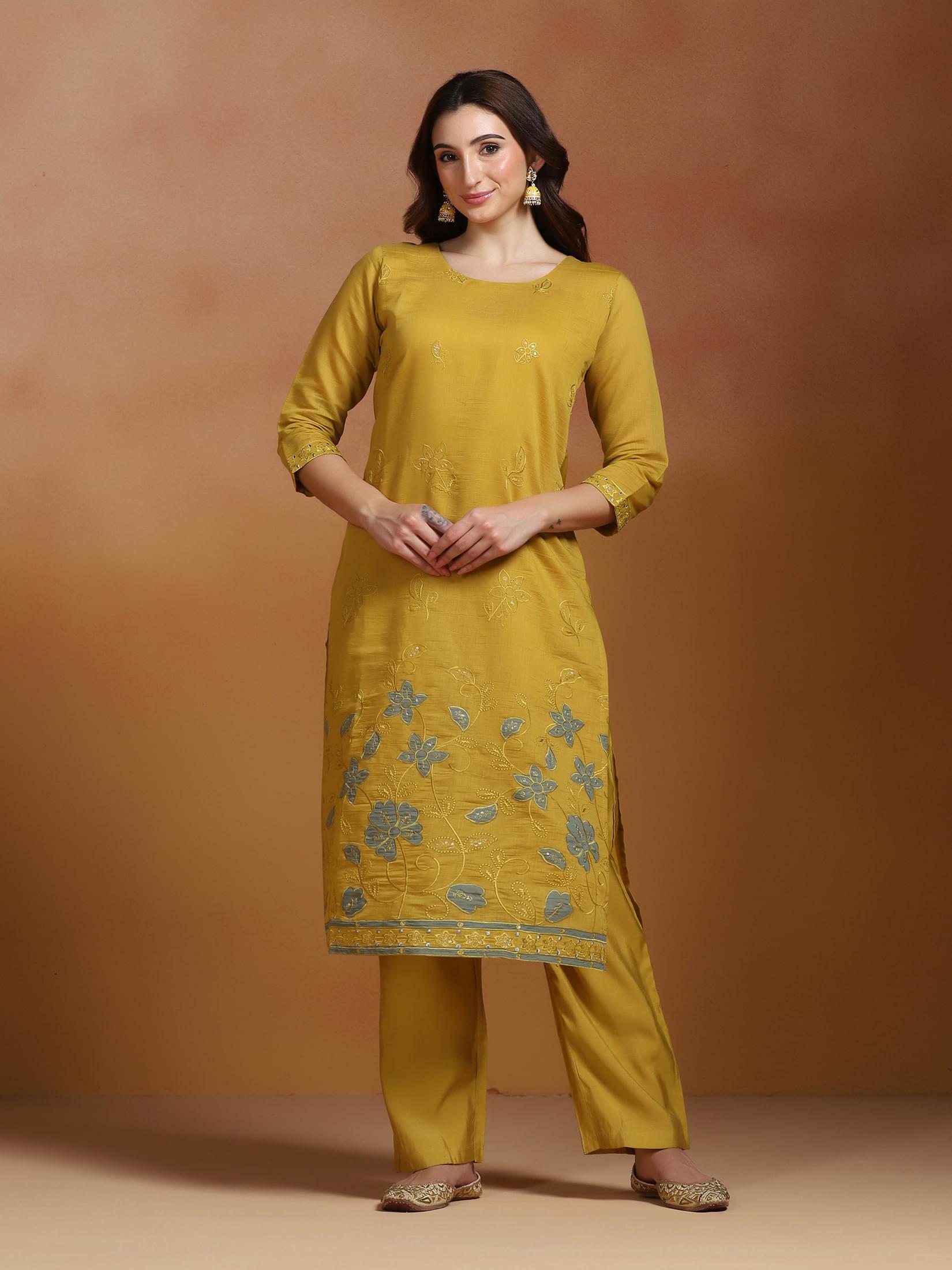 Women Mull Chanderi Mustard Embroidered Kurta Comfort Pant Dupatta.