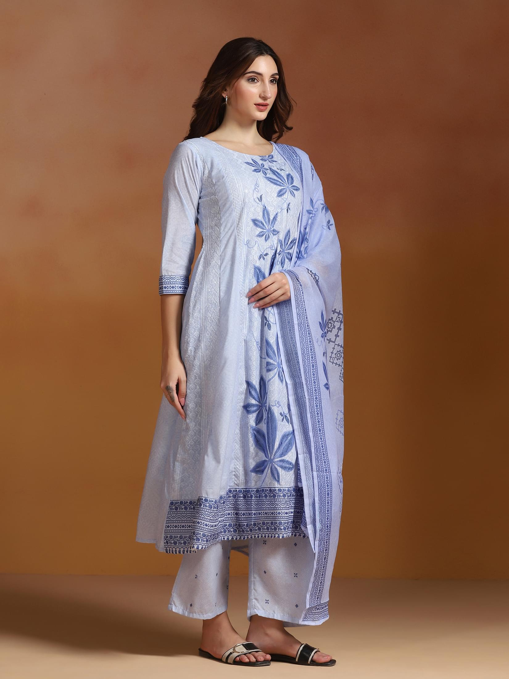 Women Poly Cotton Blue Embroidered Kurta Comfort Pant Dupatta.