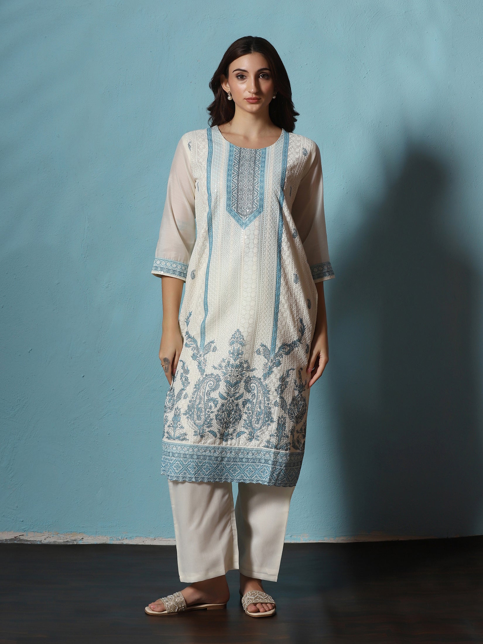 Women Chanderi Off-white Blue Embroidered Kurta Comfort Pant Dupatta
