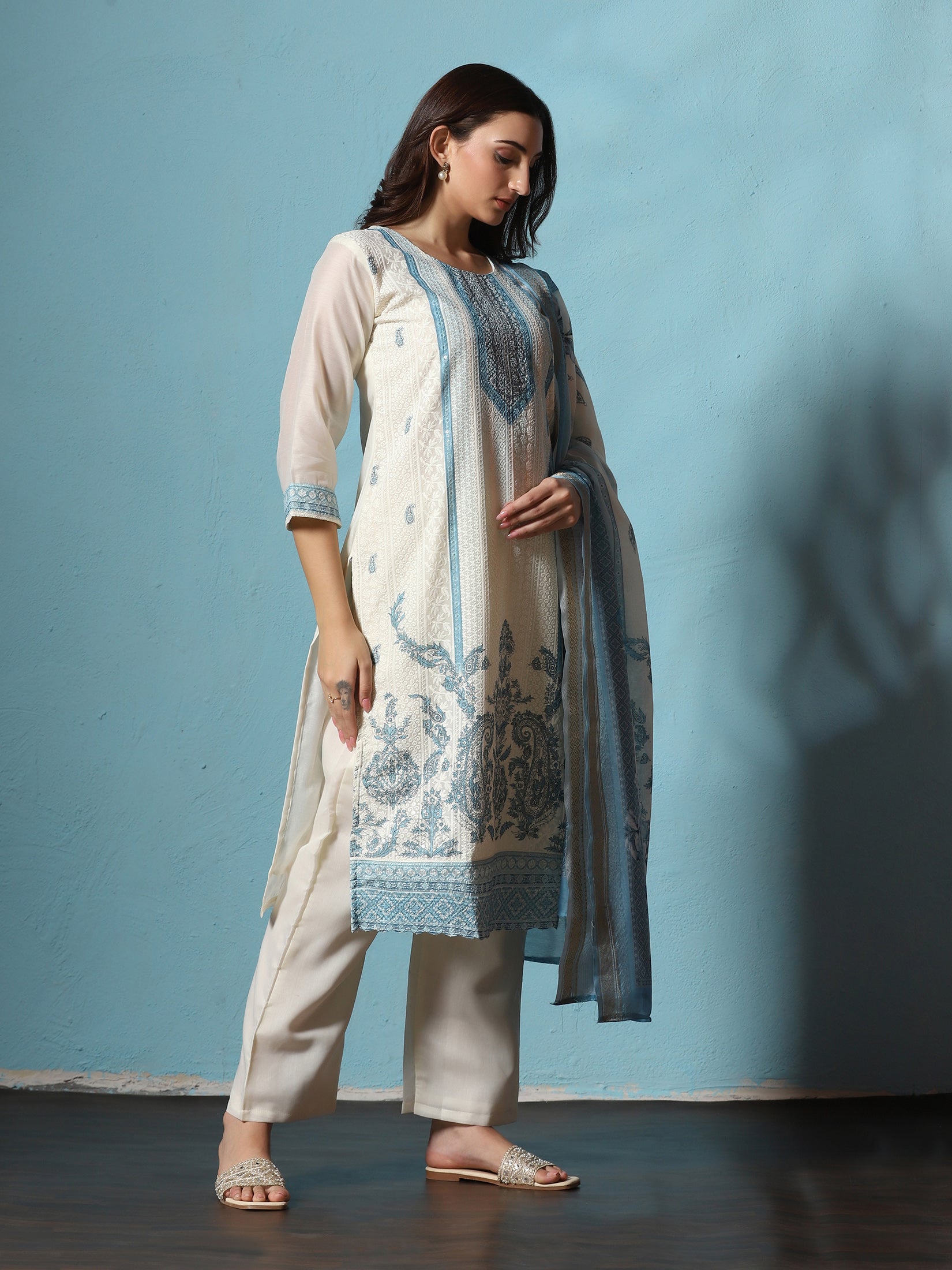 Women Chanderi Off-white Blue Embroidered Kurta Comfort Pant Dupatta